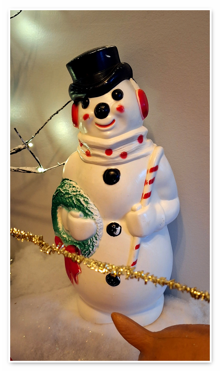 Vintage 1971 Empire snowman blow mold withstands New Jersey winter