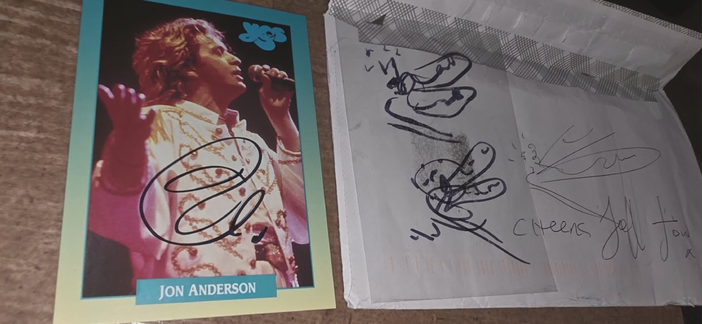 Jon Anderson from Yes signs autograph card