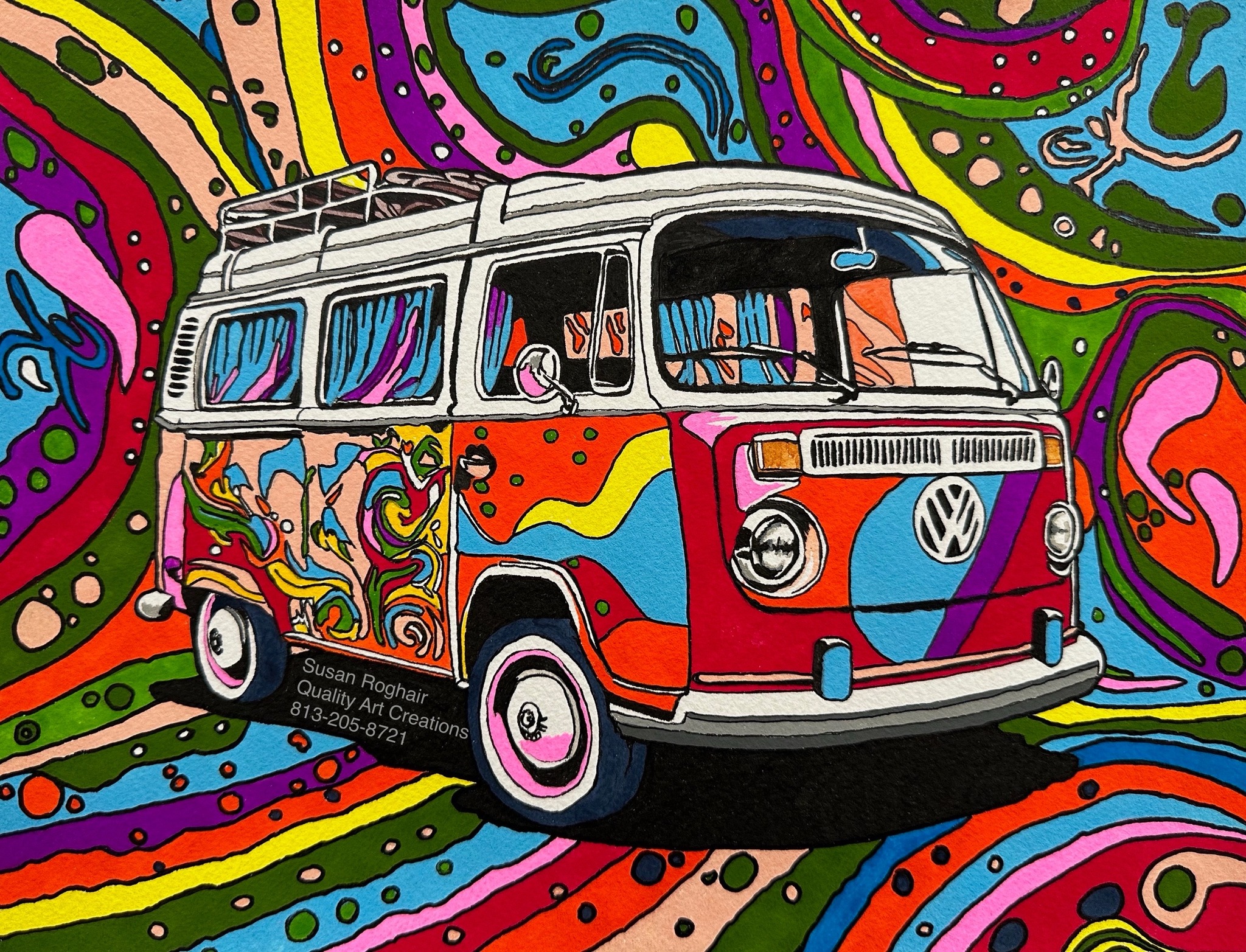 Vw bus artwork in micron ink and gouache