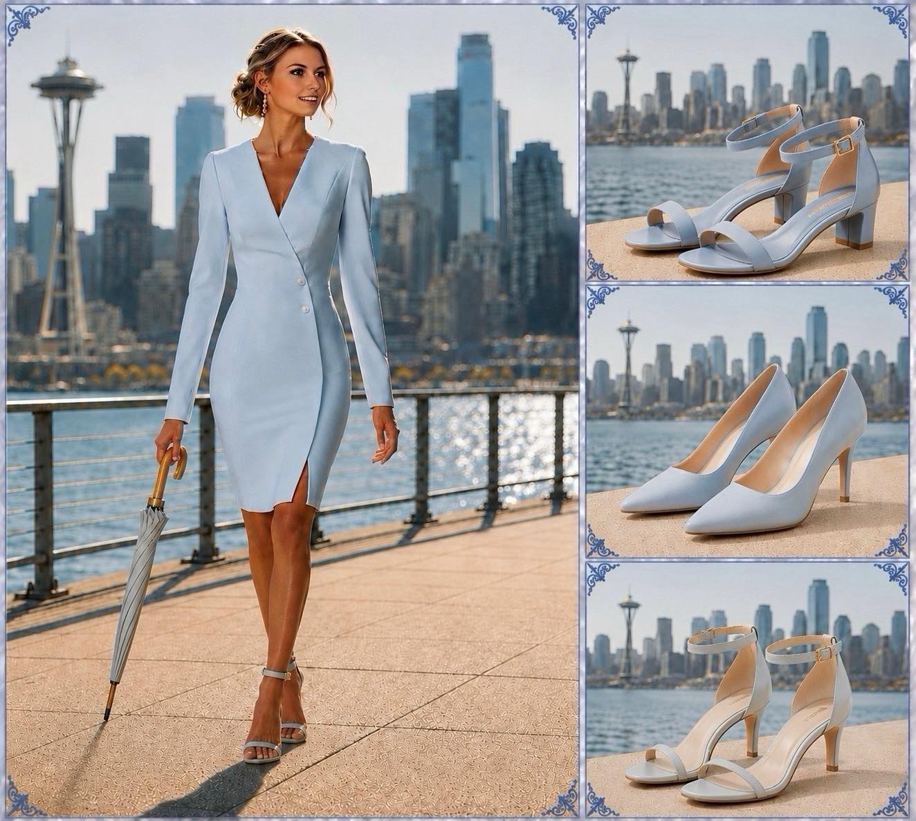 Woman chooses light blue shoes to match dress