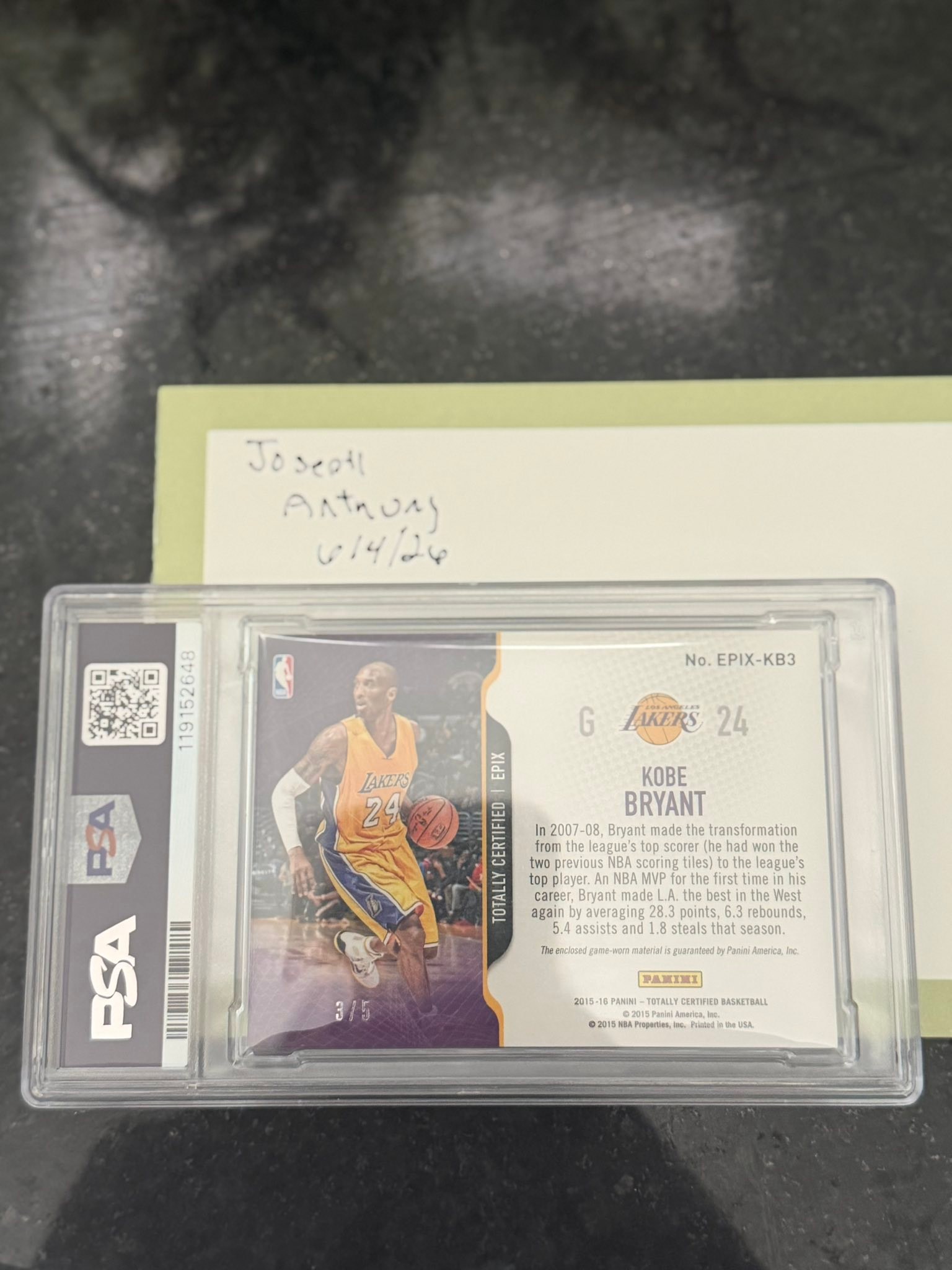 2015 Panini Totally Certified Kobe Bryant epix game used patch card