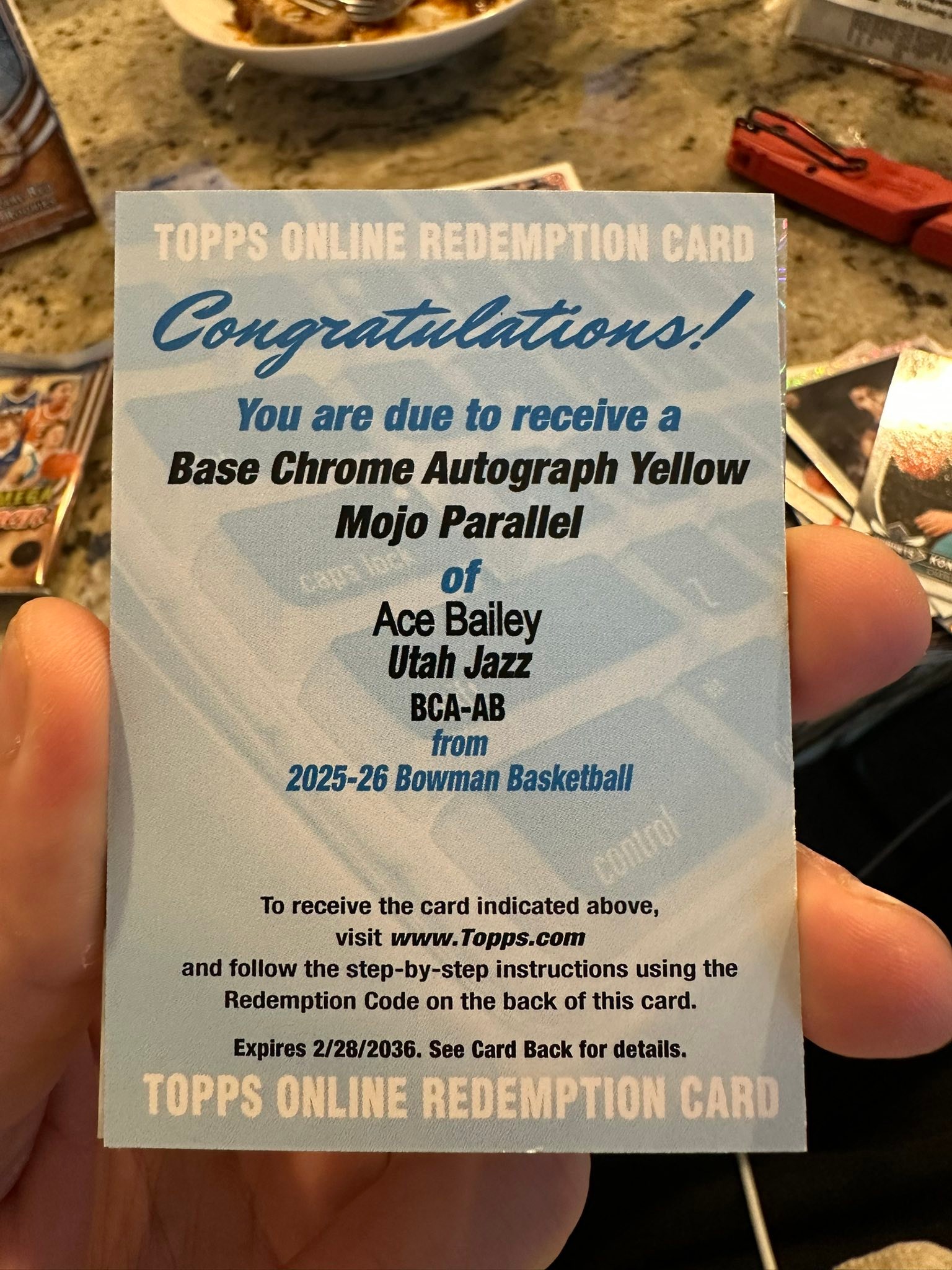 Ace Bailey yellow mojo auto redemption from 2025-26 Bowman Basketball