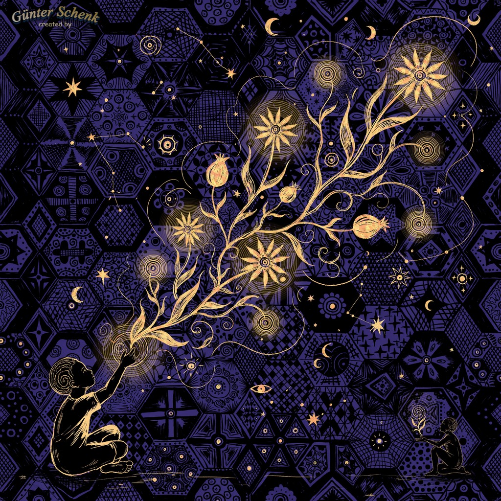 Child tracing sacred plants in visionary art inspired by Adolf