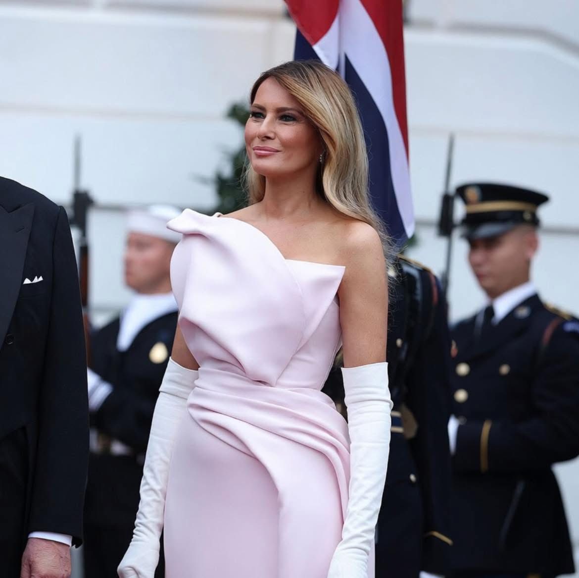 first lady dress Shades of Pink. US Melania Trump in an elegant blush Christian Dior gown while Queen Camilla wore a very matronly fuchsia Fiona Clare gown. #WhatsTheG #RatedG3 BES DRESSED 44166