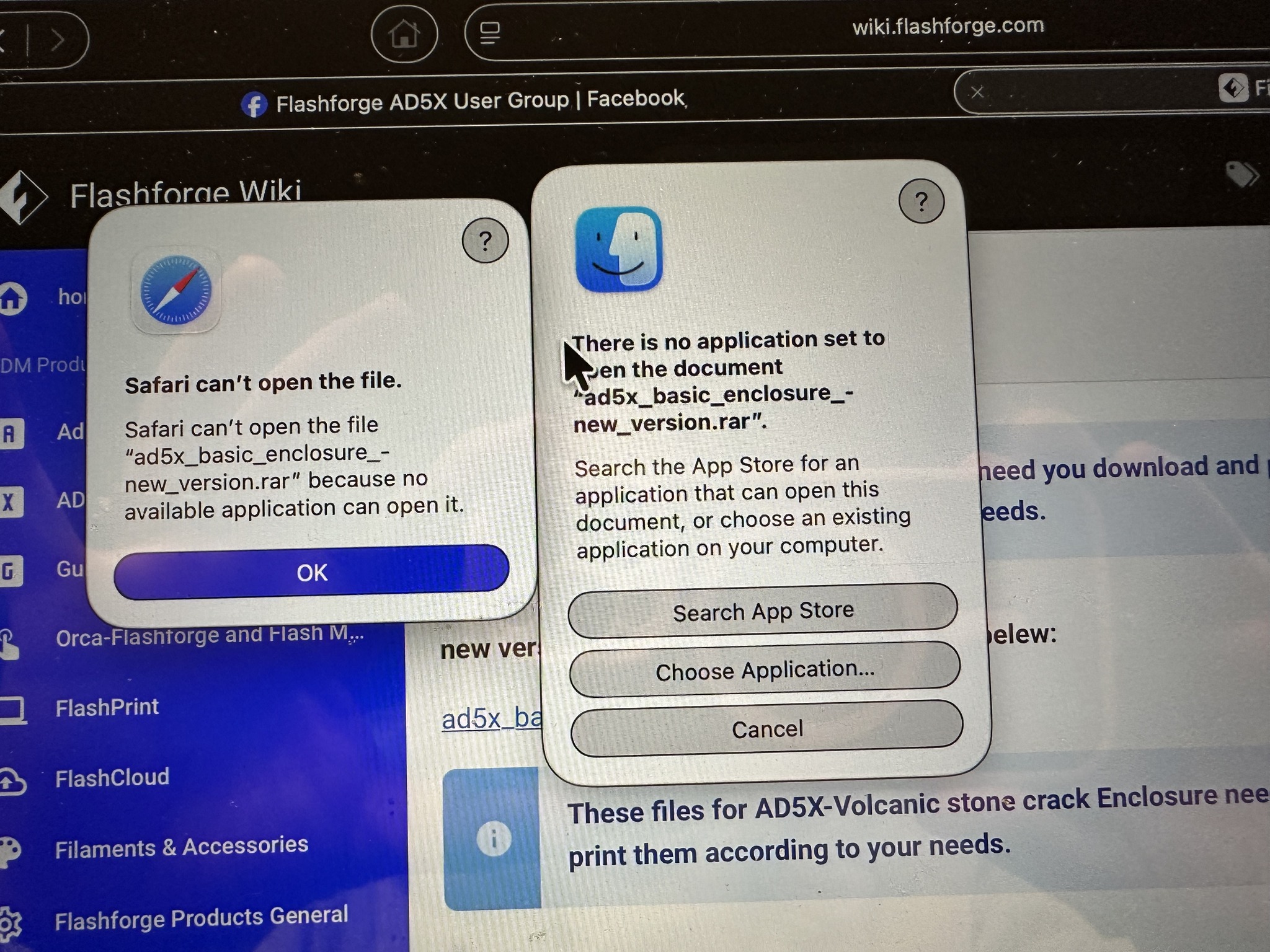 Why can't Safari open Flashforge AD5X enclosure files?
