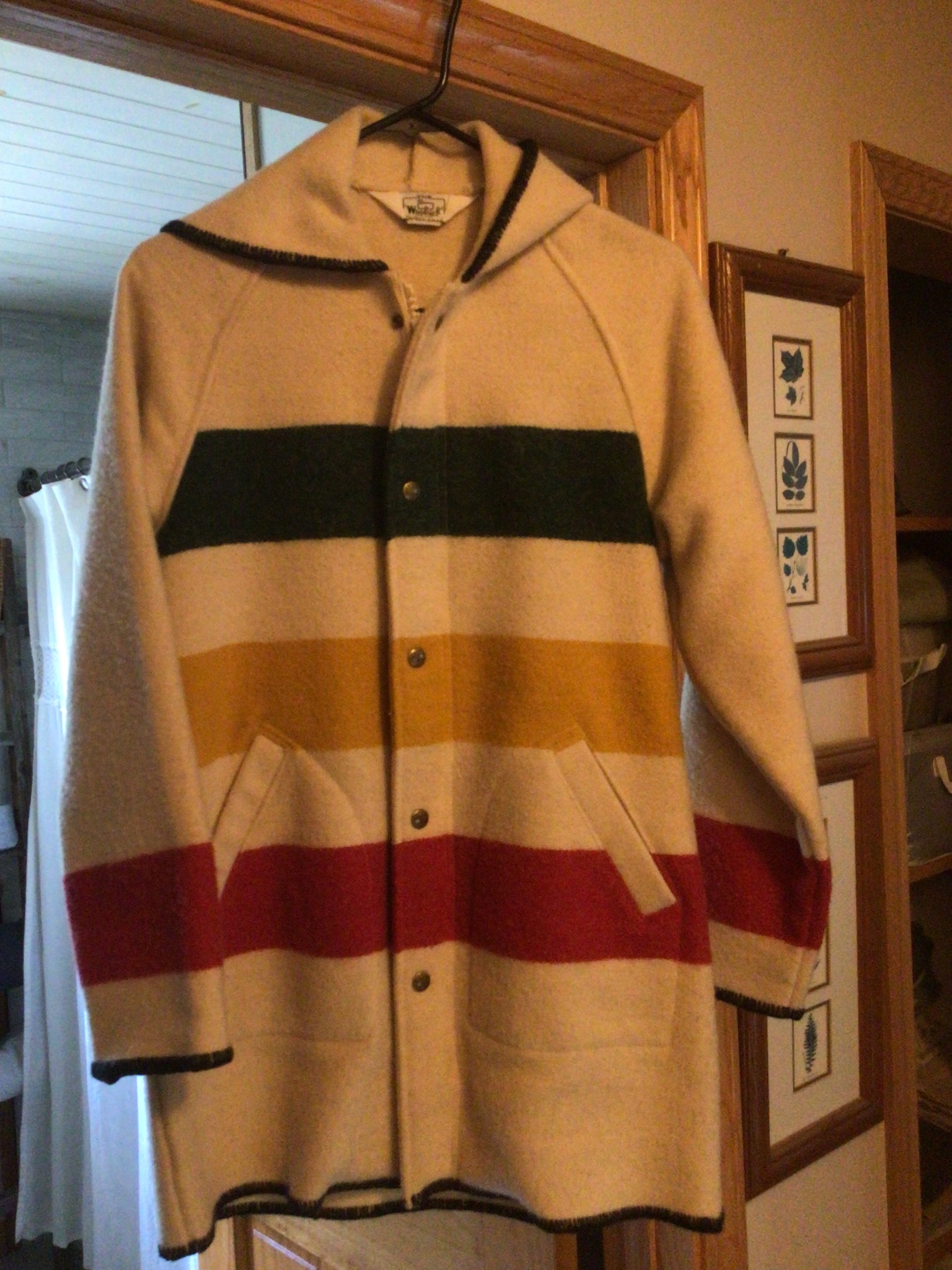 Vintage Woolrich wool coat with multi-color stripes for sale