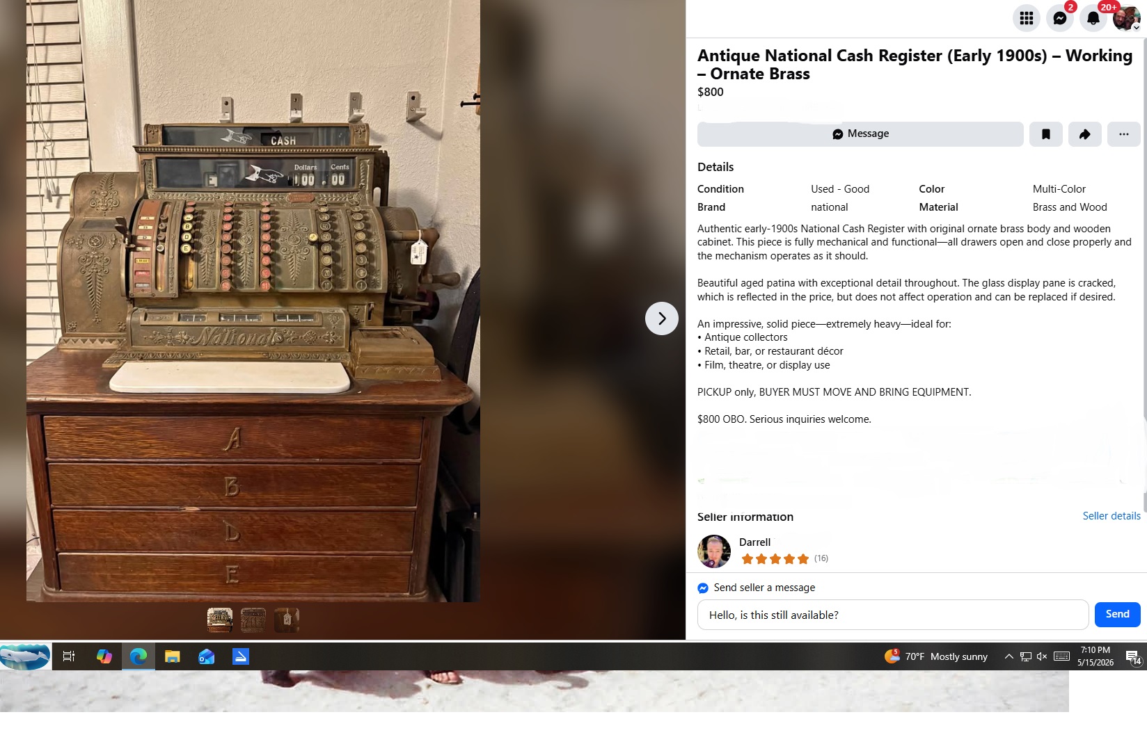 Is $299 a fair price for a vintage cash register with issues?