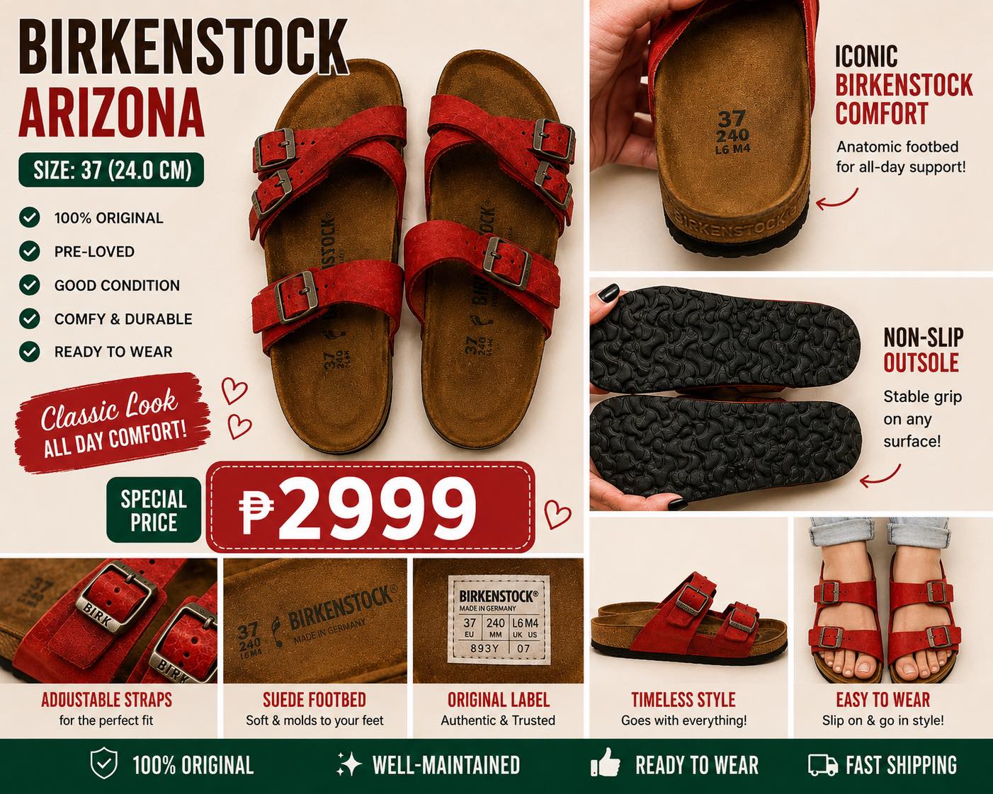 BIRKENSTOCK ARIZONA SIZE: 37 (24.0 CM) 100% ORIGINAL PRE-LOVED 
