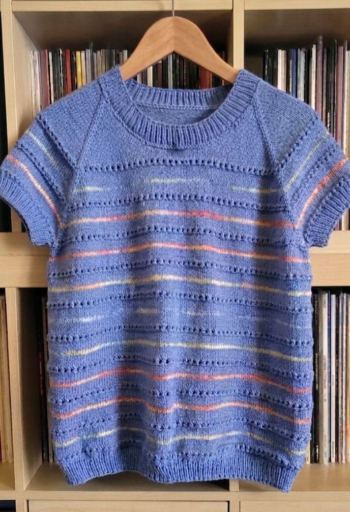 Finished Ida Tee in periwinkle blue with rainbow stripes