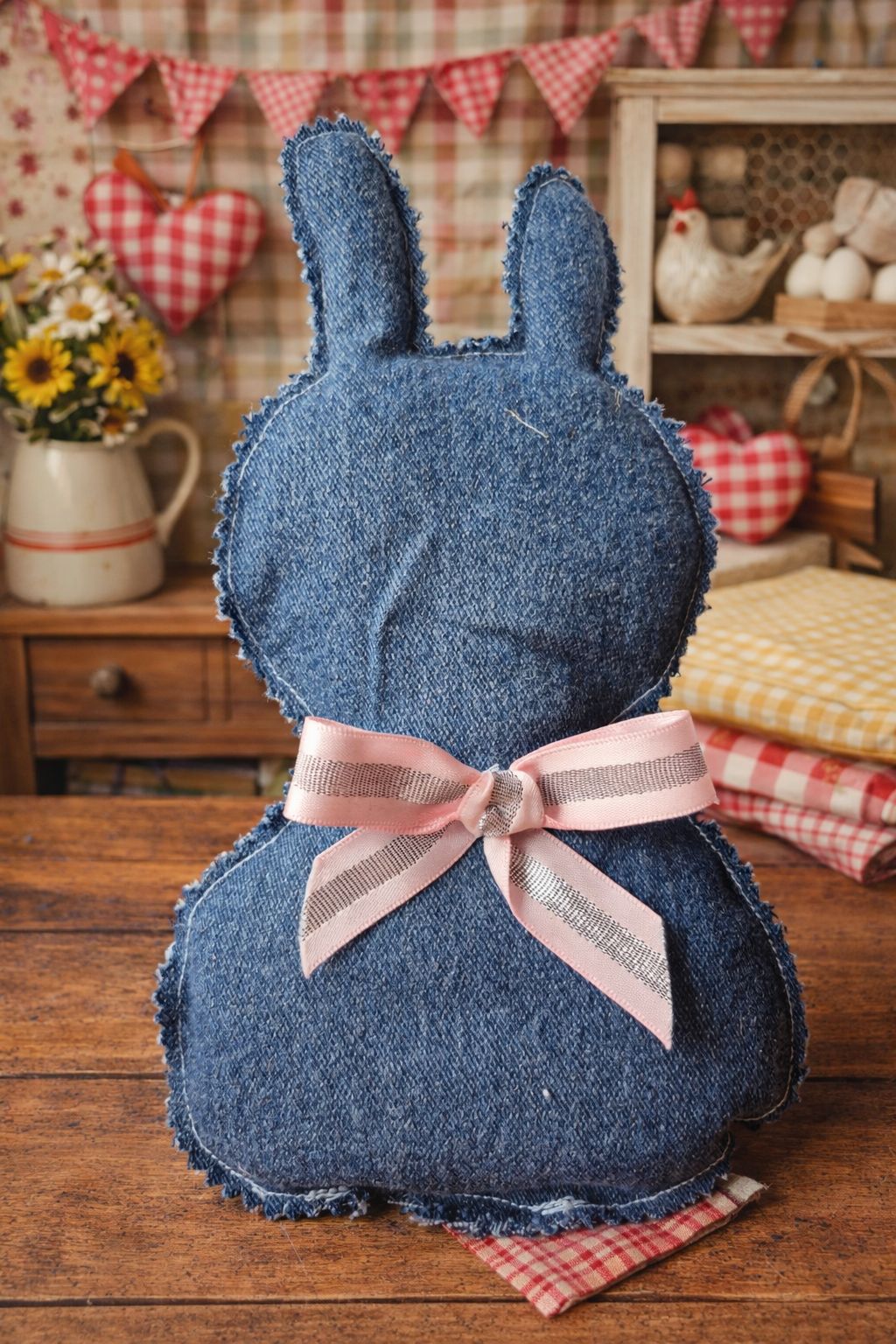 Small beige blossom bunny with blue floral ears?