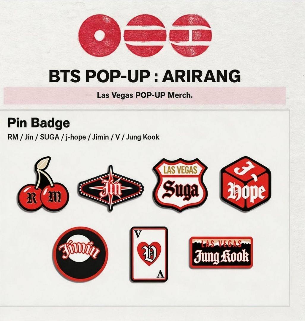 BTS Las Vegas POP-UP ARIRANG merchandise pin badges for sale - RM