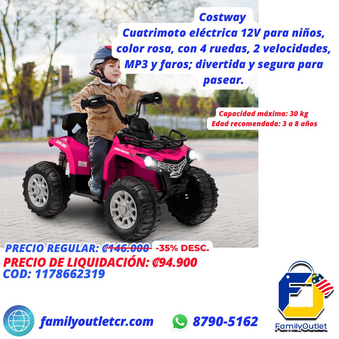 COSTWAY Cuatriciclo Eléctrico 12V Para Niños – ATV Con Luces LED, 2 Velocidades, Música, Puerto USB Y Suspensión, Color Rojo