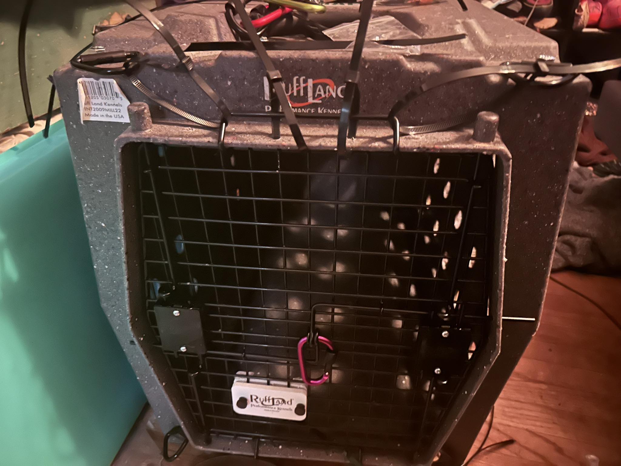 Pipe wrap zip ties fix mid-size kennel door rattle