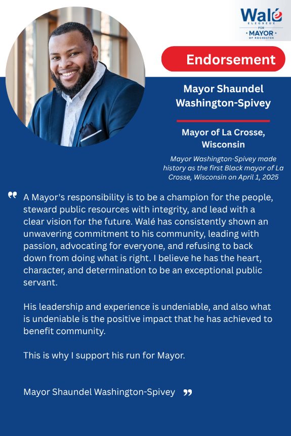 Rochester mayoral candidate Wale Elegbede endorsed by La Crosse Mayor Shaundel Washington-Spivey