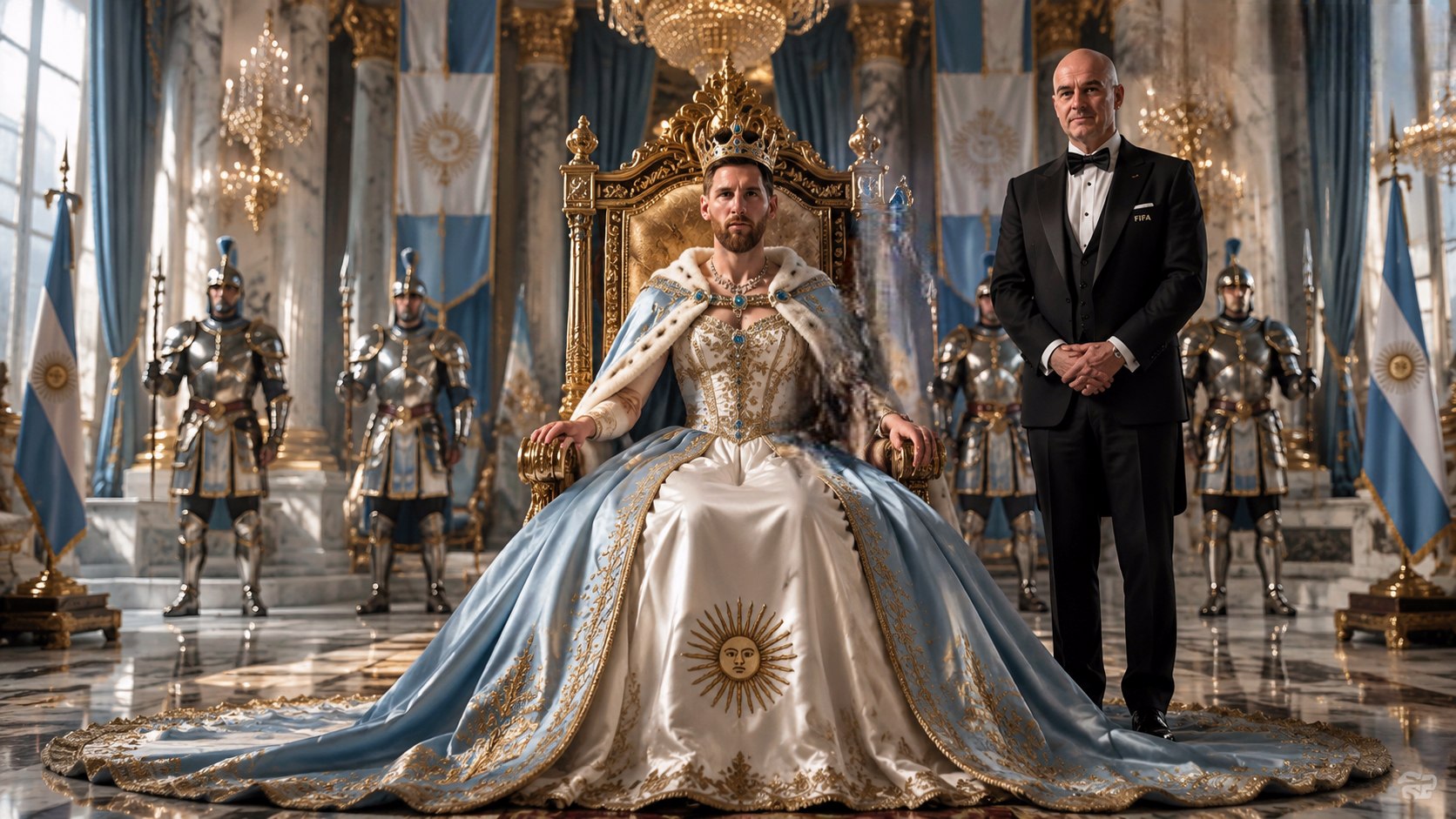 Lionel Messi as the Queen of Argentina in a luxurious royal setting