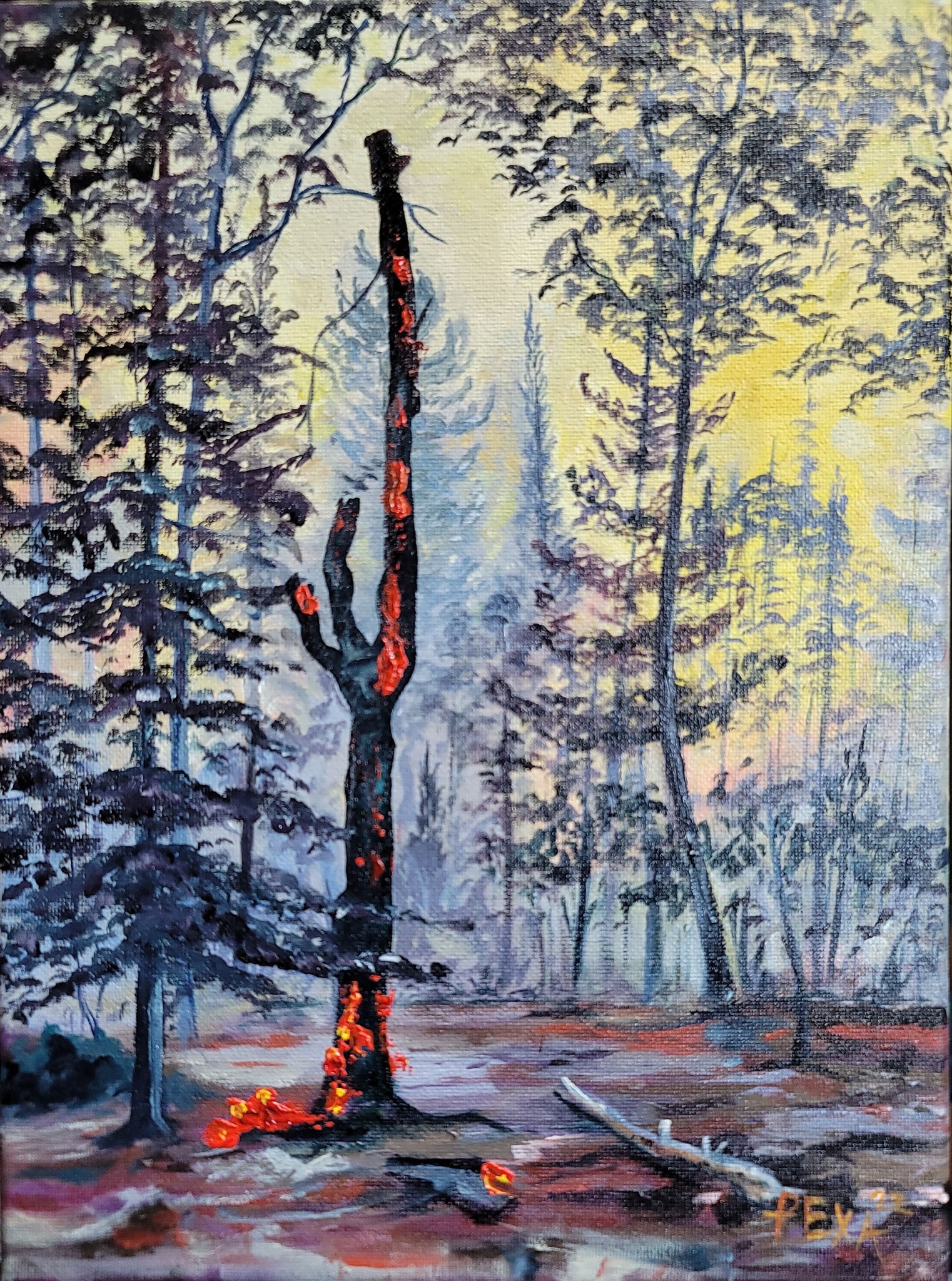 Artist Pexa shares oil painting of forest fire
