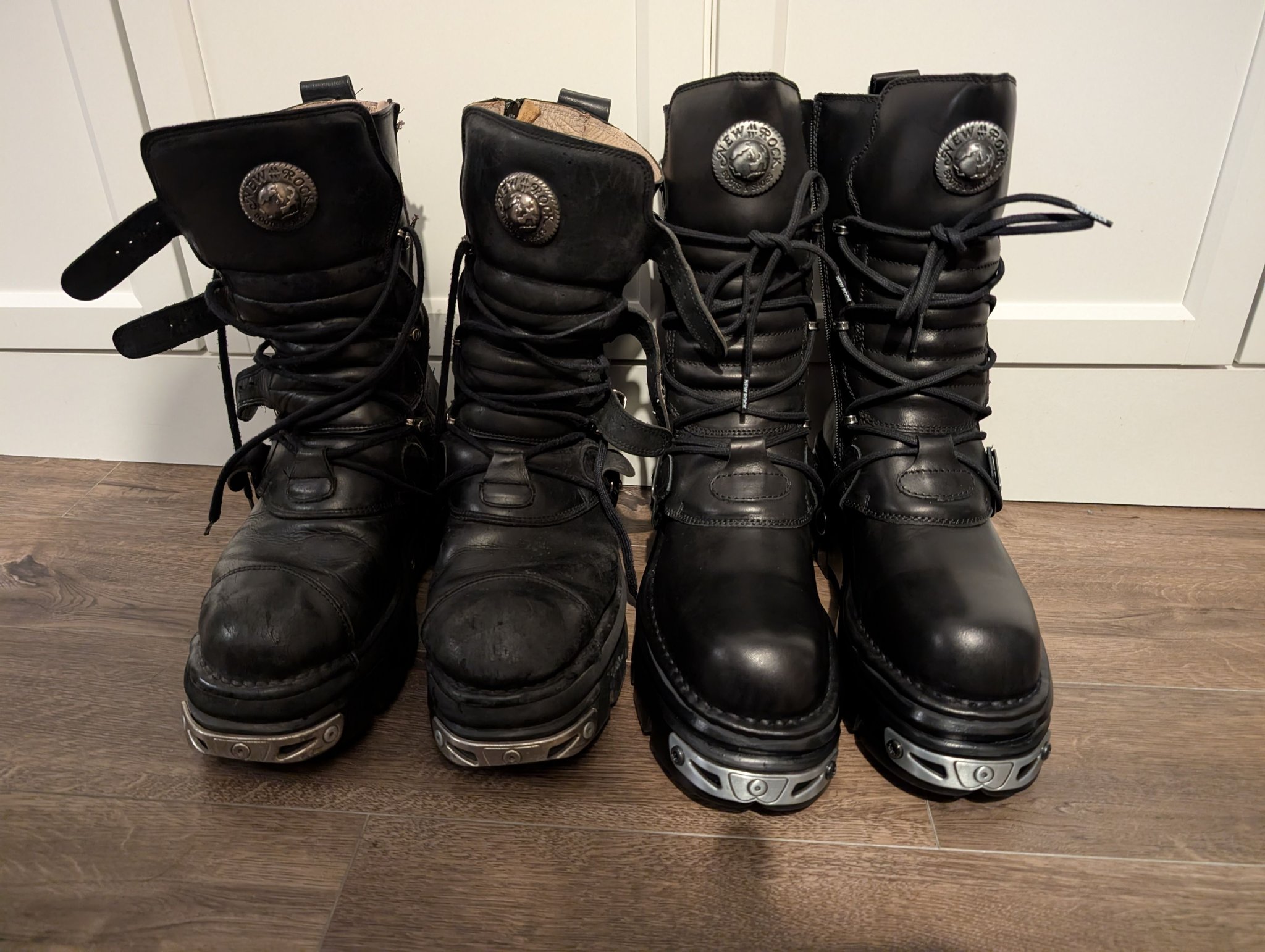 Old Vs New. A study of years of wear. Two pairs of boots both same 