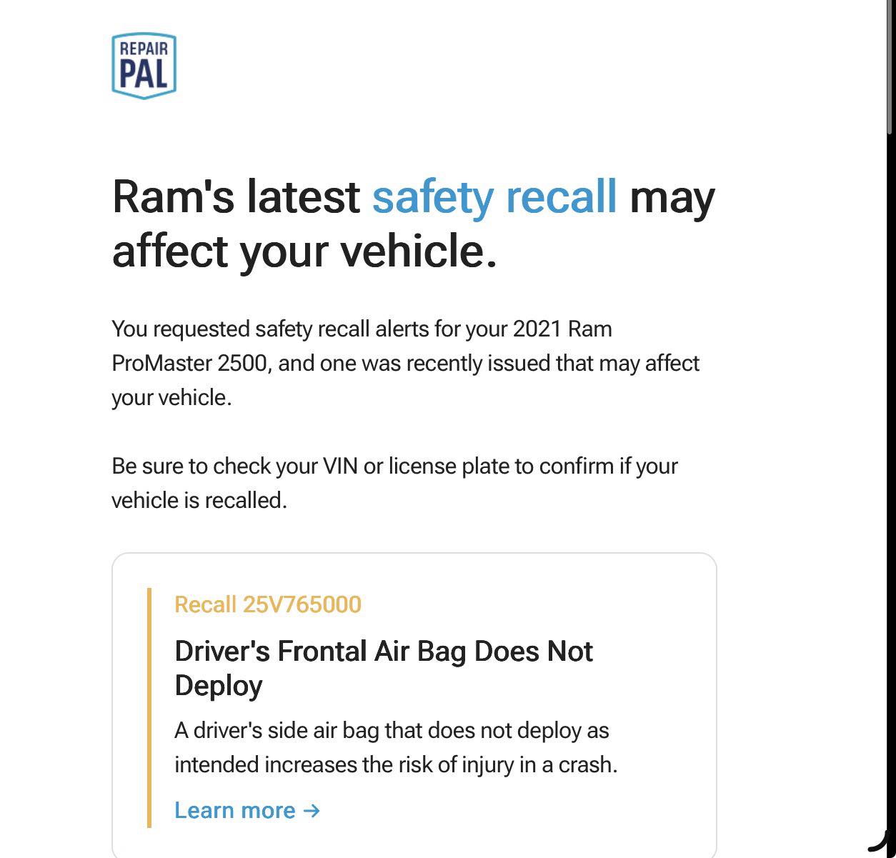 Ram Promaster Owners | I checked my email and got yet ANOTHER safety ...