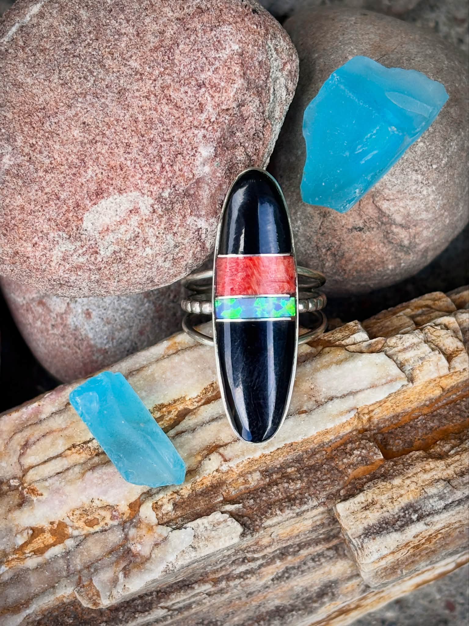 Harold Smith Navajo ring with jet, apple coral, and opal for sale