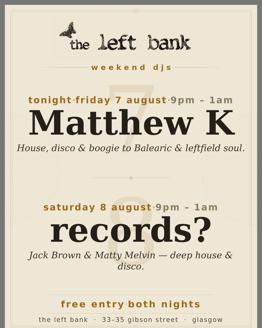 A weekend of wax at the listening bar. TONIGHT — Matthew K. Twenty