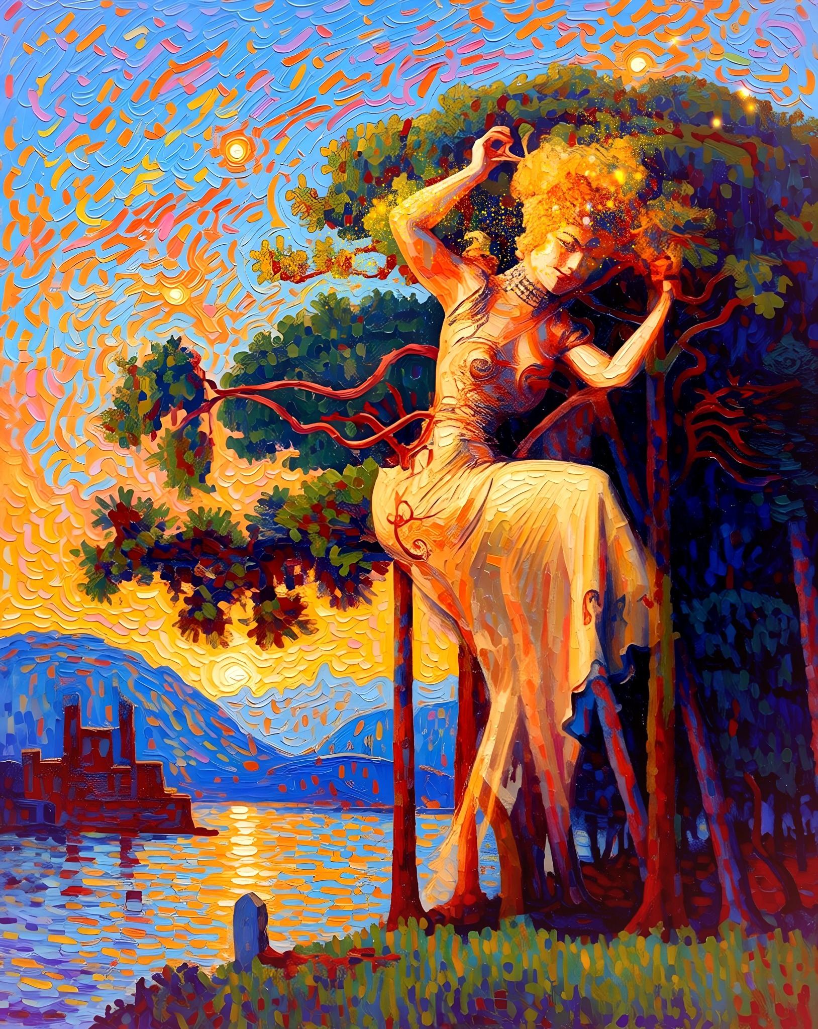 Paul Signac painting blended with a vintage champagne ad. Not AI.