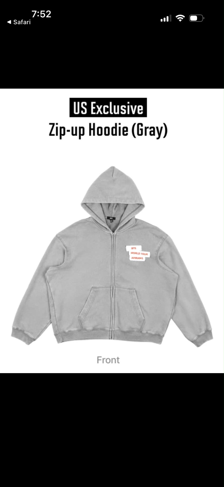 BTS World Tour Airrang US Exclusive Gray Zip-up Hoodie for Sale