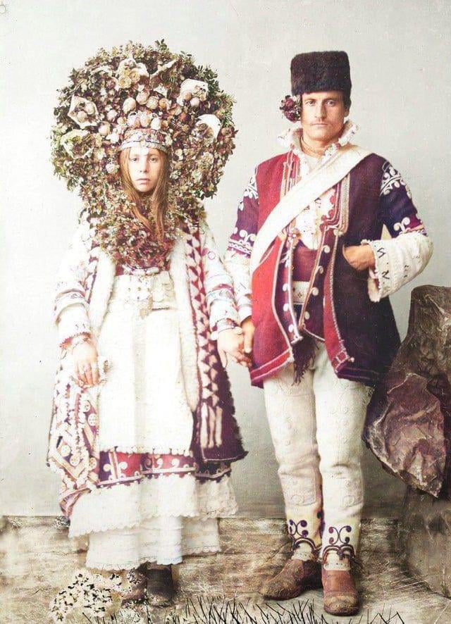 The groom and the bride wear the traditional wedding dress. Bulgaria. Sofia in 1900
