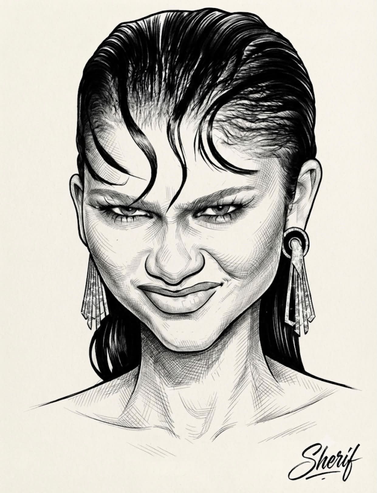 Sherif's ink portrait on textured paper with cross-hatching