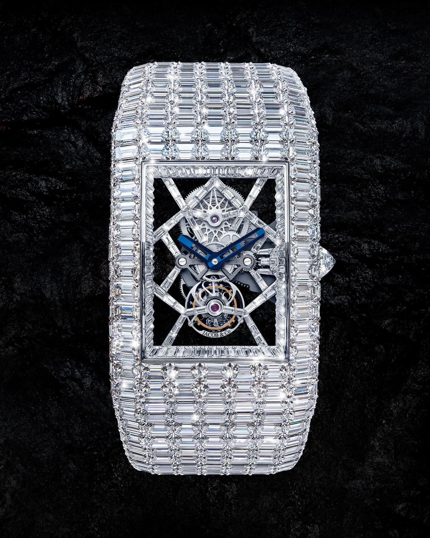 The 55mm by 40mm 18K white gold case of the Billionaire III
