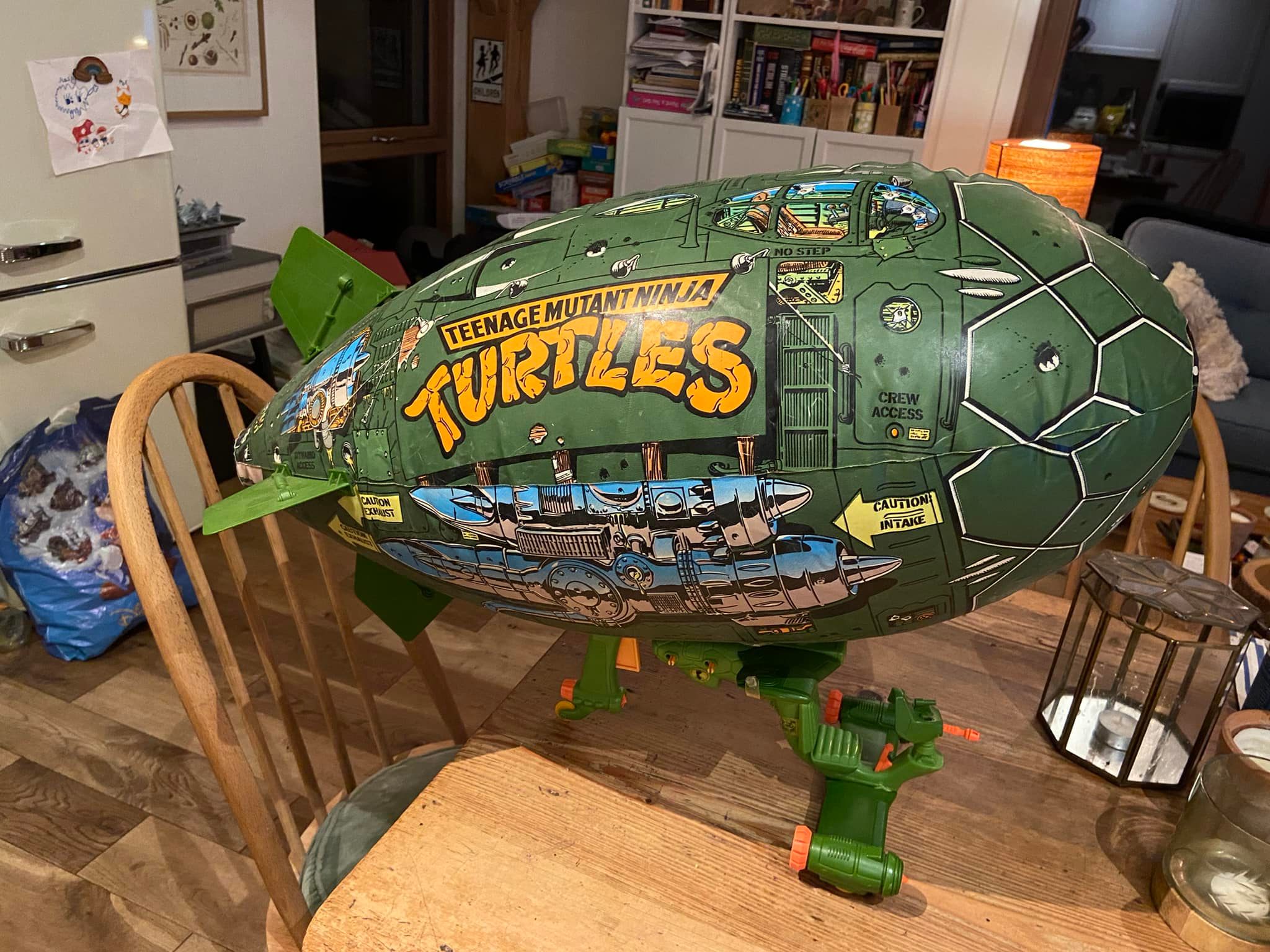 How to hang a 1988 Turtle Blimp from the ceiling?