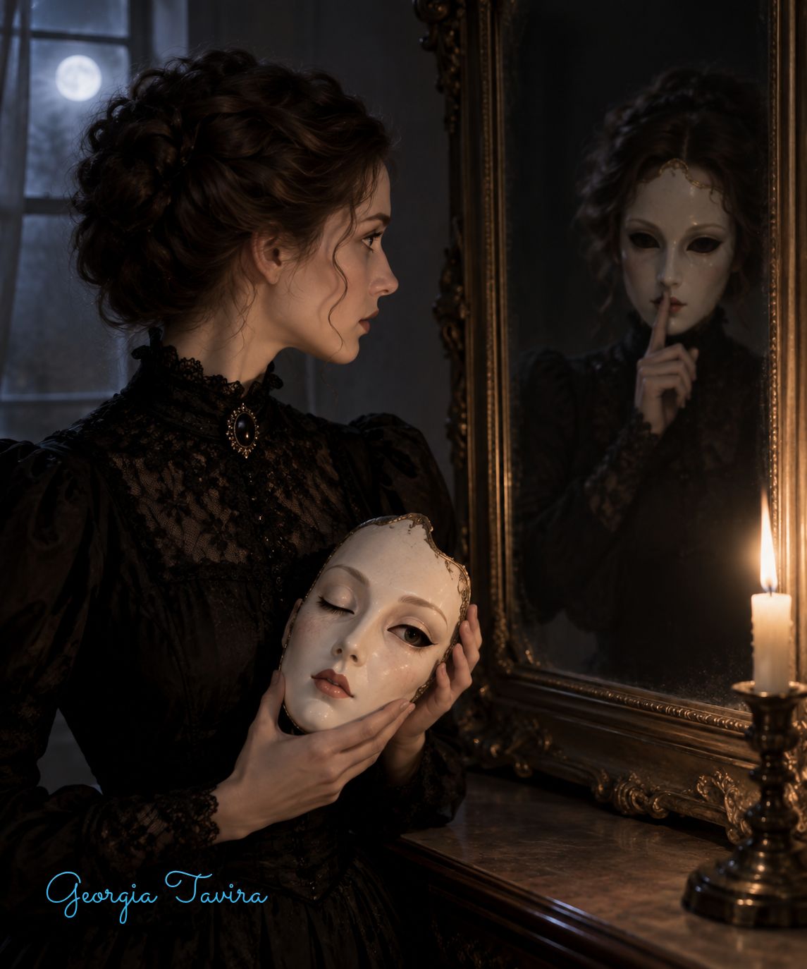 Behind The Mask Victorian Woman Candlelit Mirror Reflection