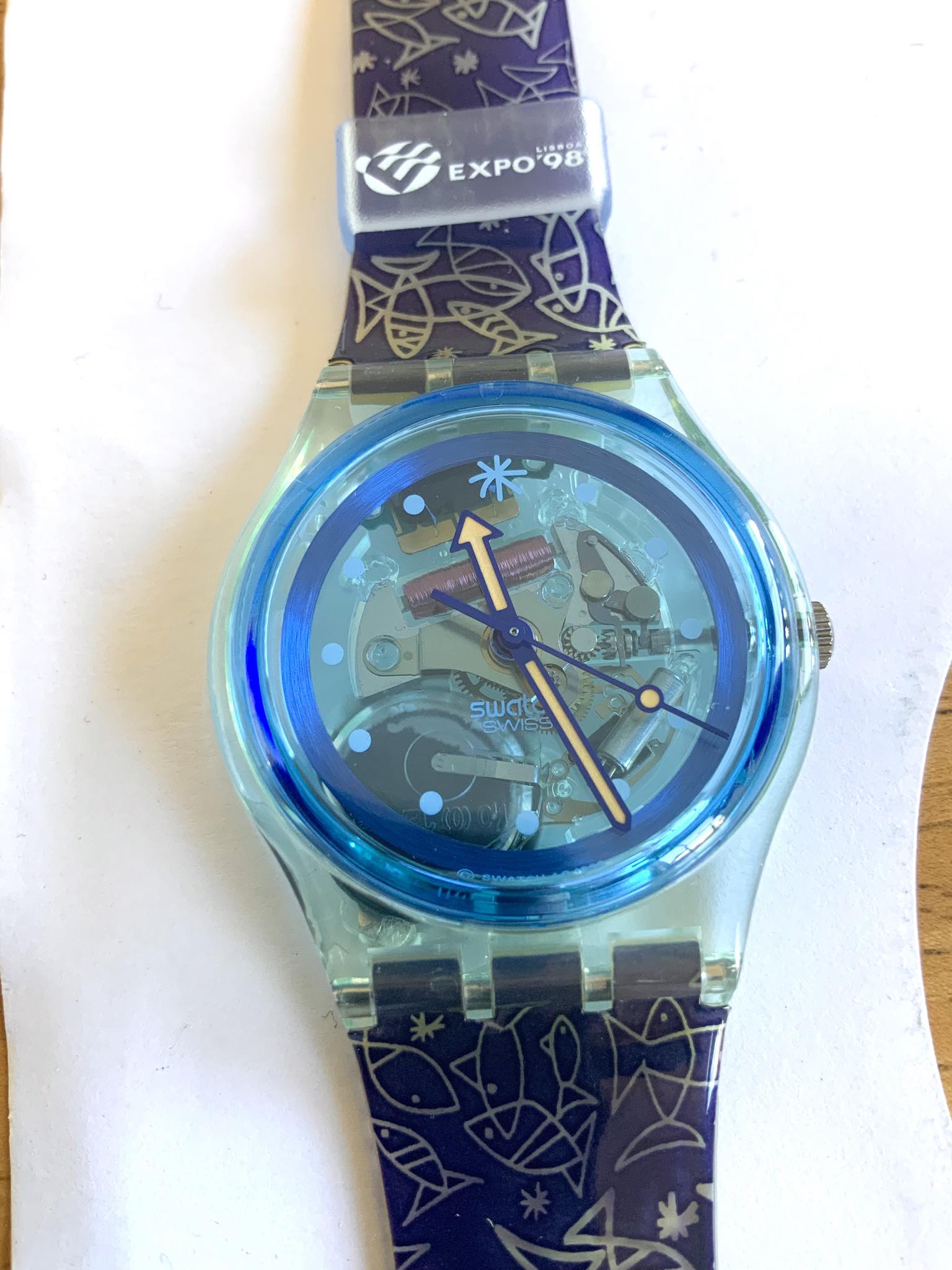 This watch is the Swatch Automatic Mappamondo (model number SAN101 