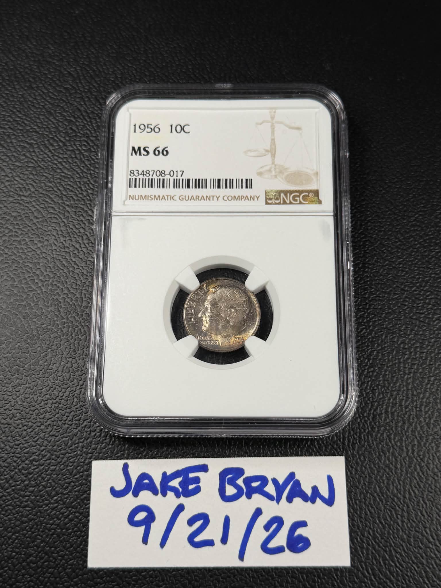 1956 silver Roosevelt dime graded MS66 by NGC