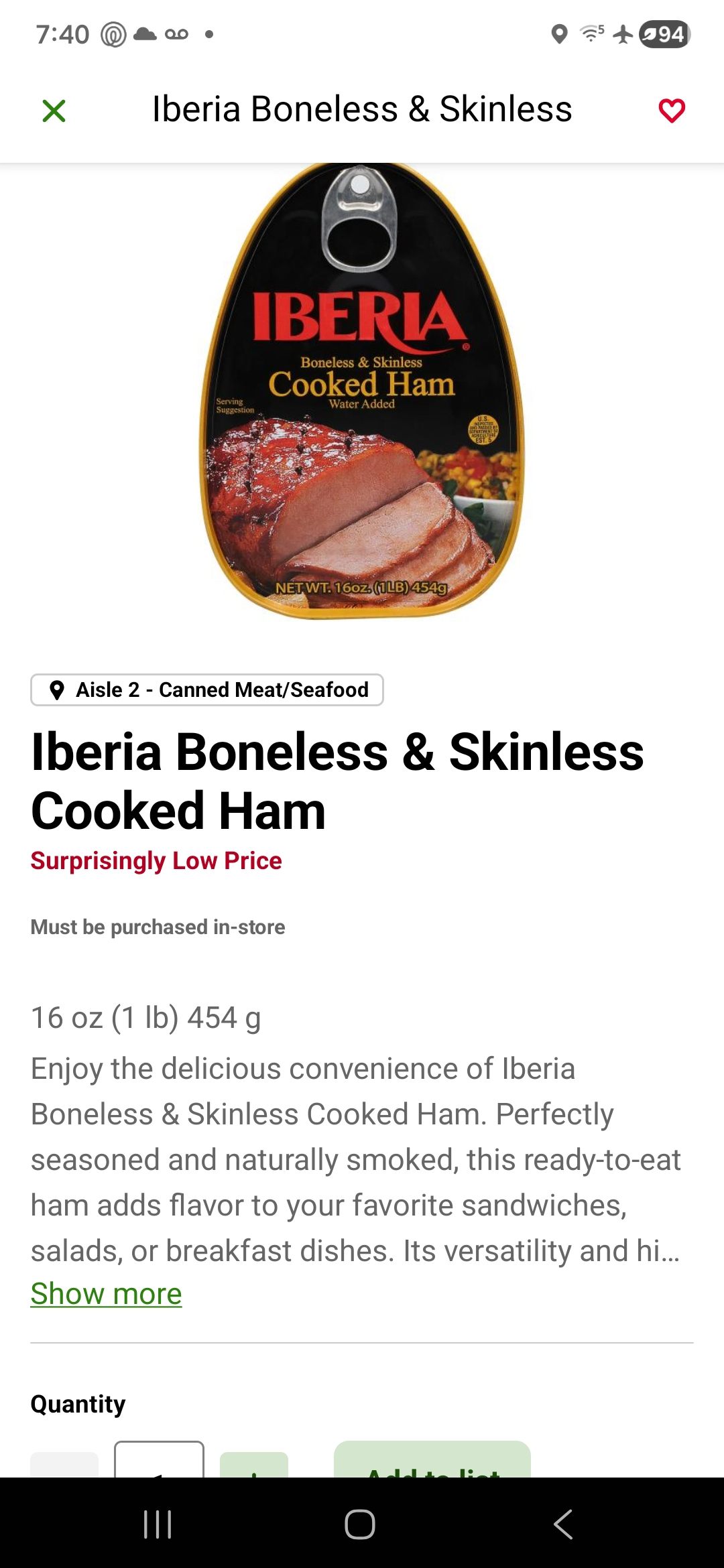 Iberia Boneless & Skinless Cooked Canned Ham – Water Added, 1 Lb 1.3 Oz