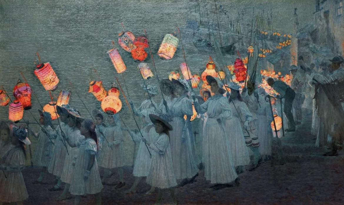 This is the 1897 painting “Jubilee Procession in a Cornish Village