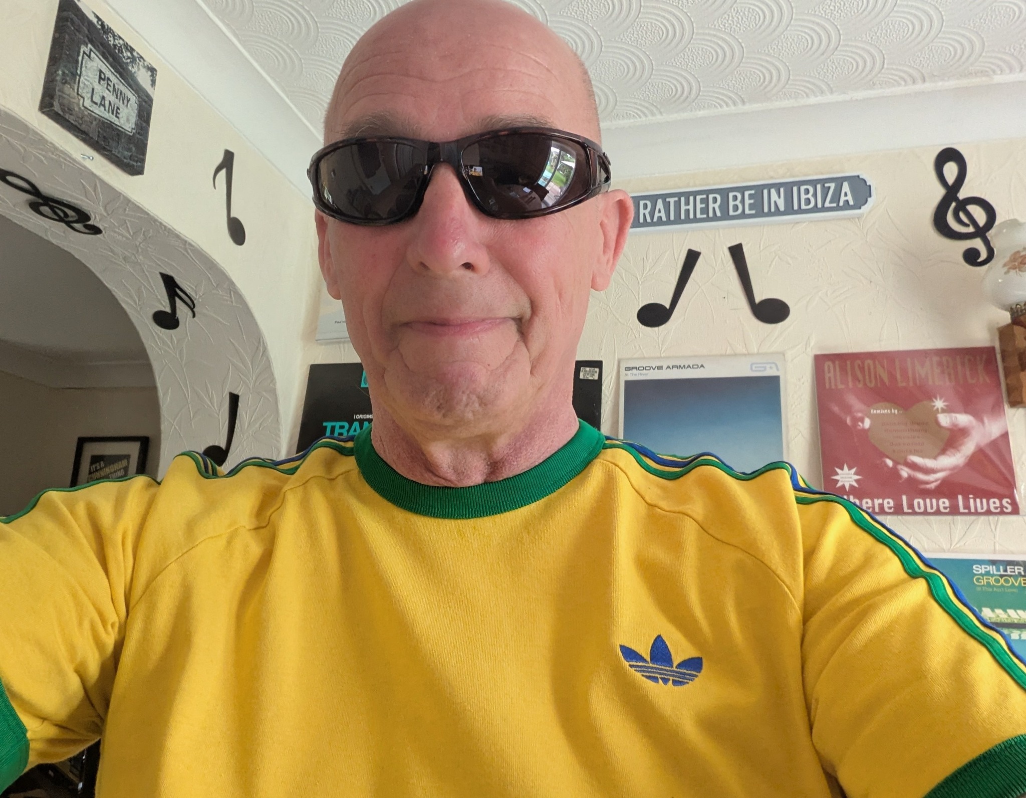 Heading to record fair in Adidas shorts and trainers