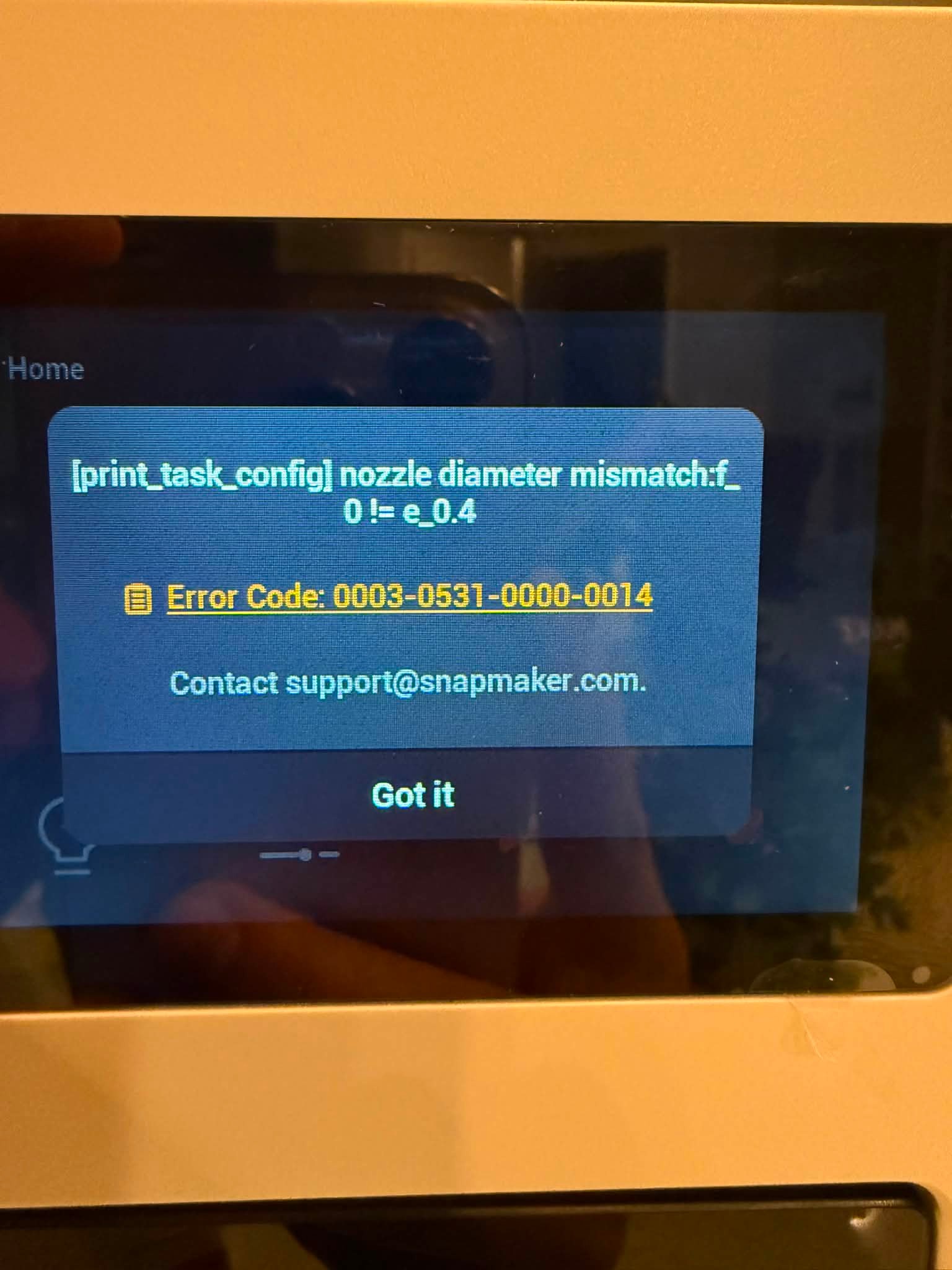How to resolve Snapmaker U1 error code 0003-0531-0000-0014?