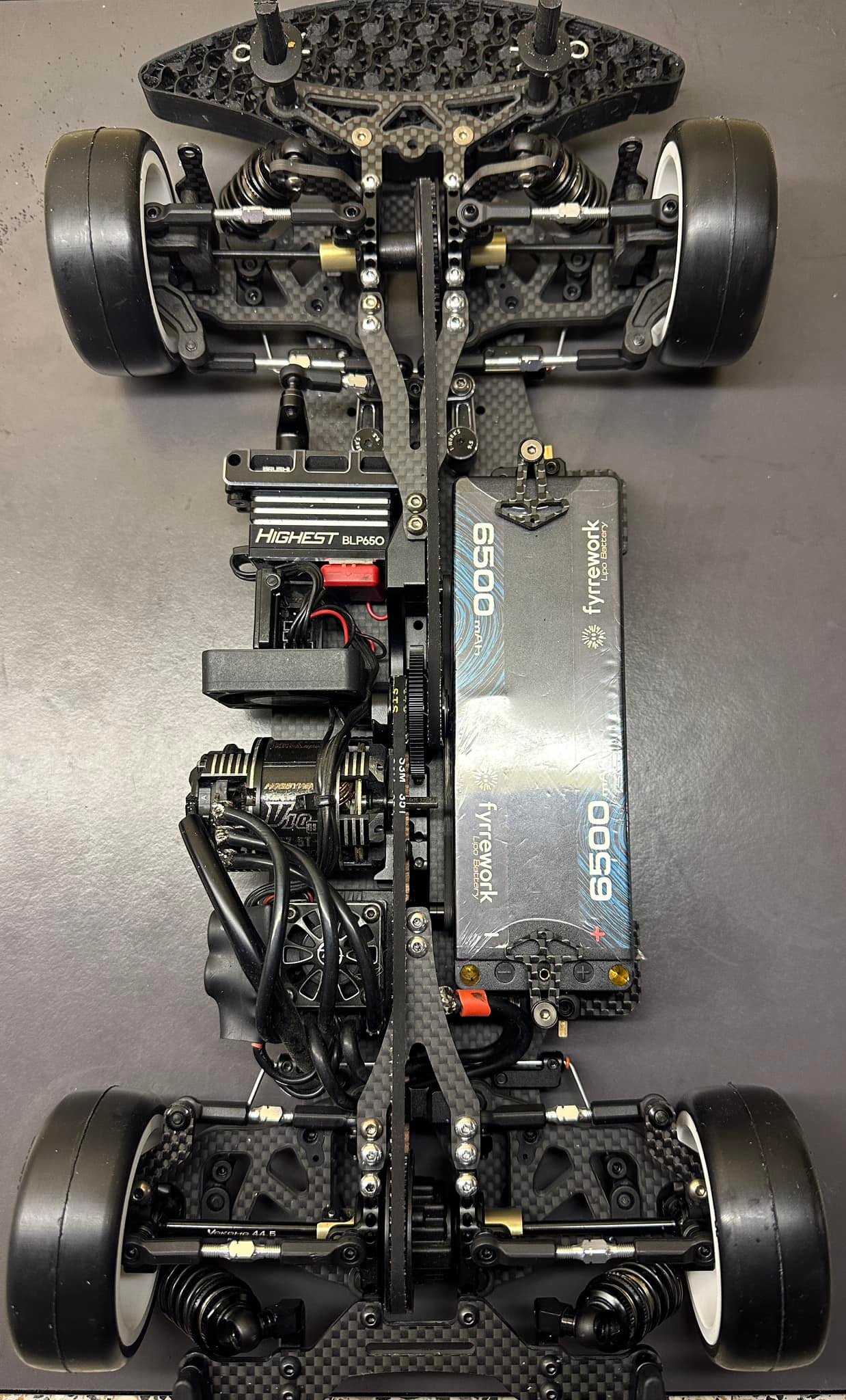 Yokomo BD12 setup with smaller spur gear for lower FDR