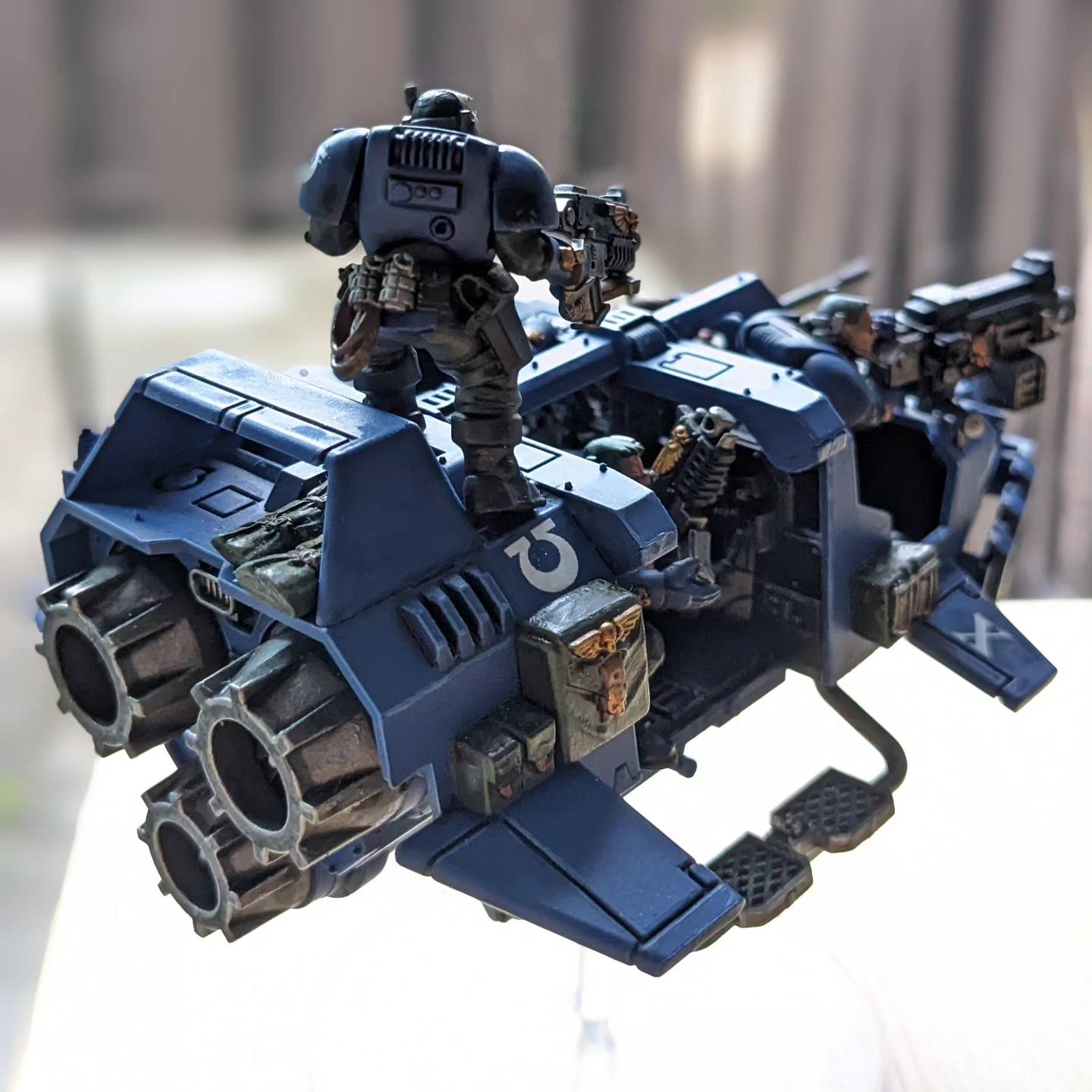 Weathered Land Speeder Storm model from Warhammer 40K