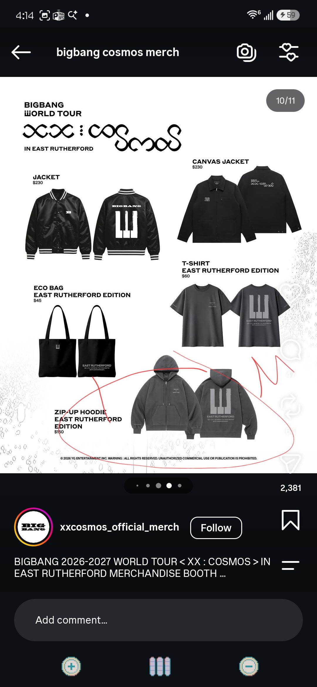 BIGBANG World Tour 2026 zip-up hoodie for sale in size M or XL