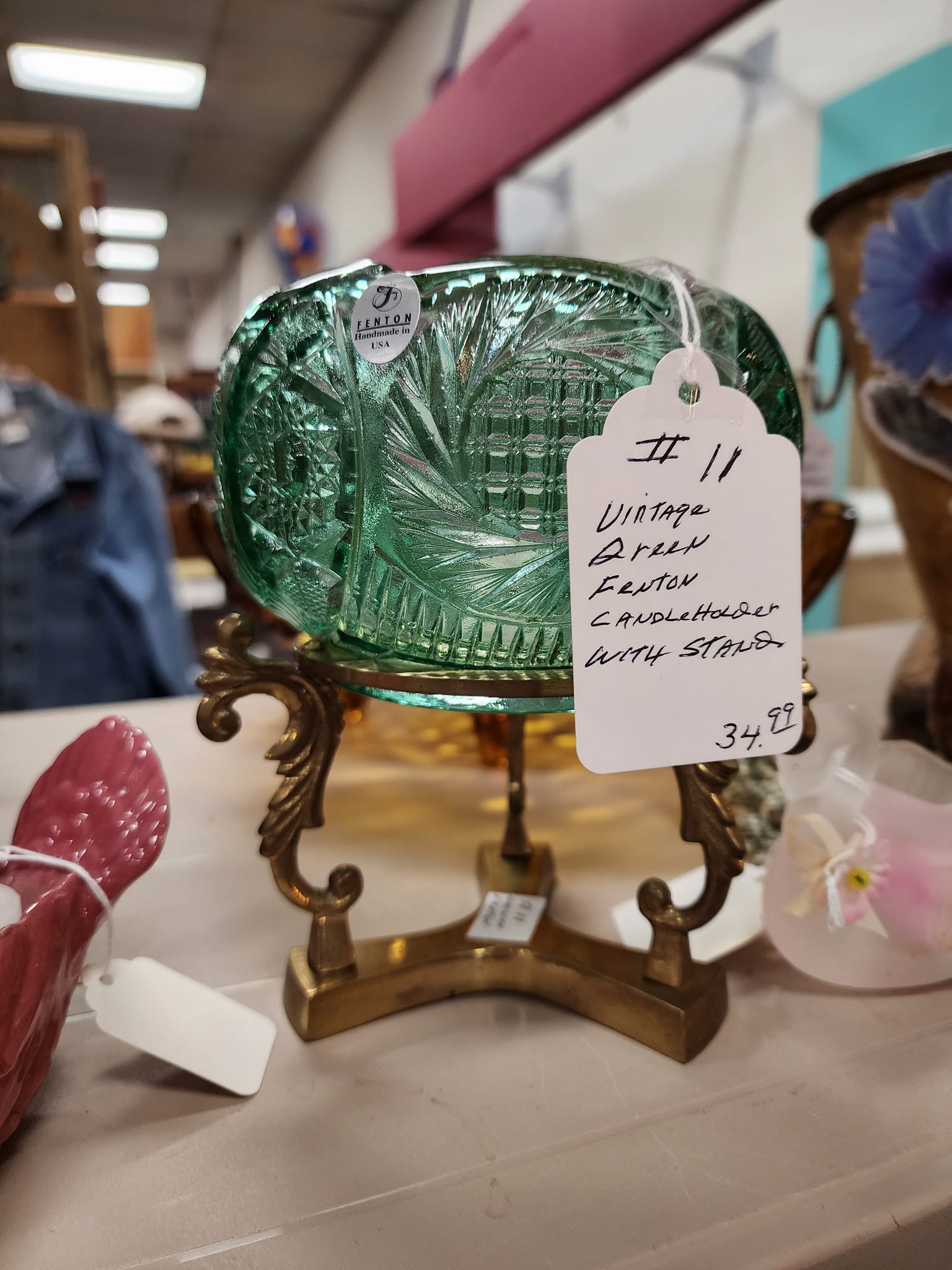 Vintage green Fenton candleholder found at Red Door Chicken Coop