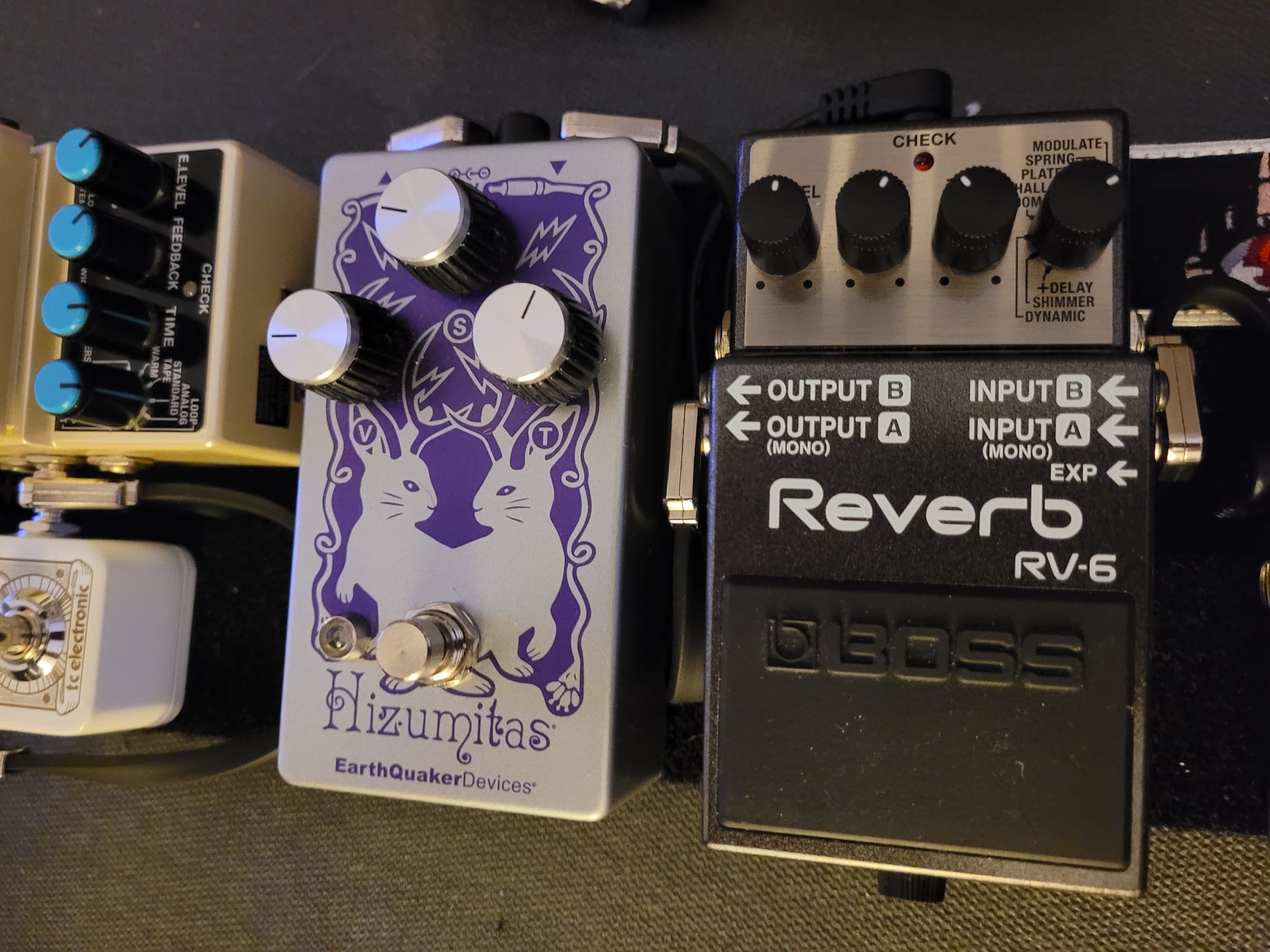 Lovepedal 60's reverb and Echoplexi pedals on shoegaze board
