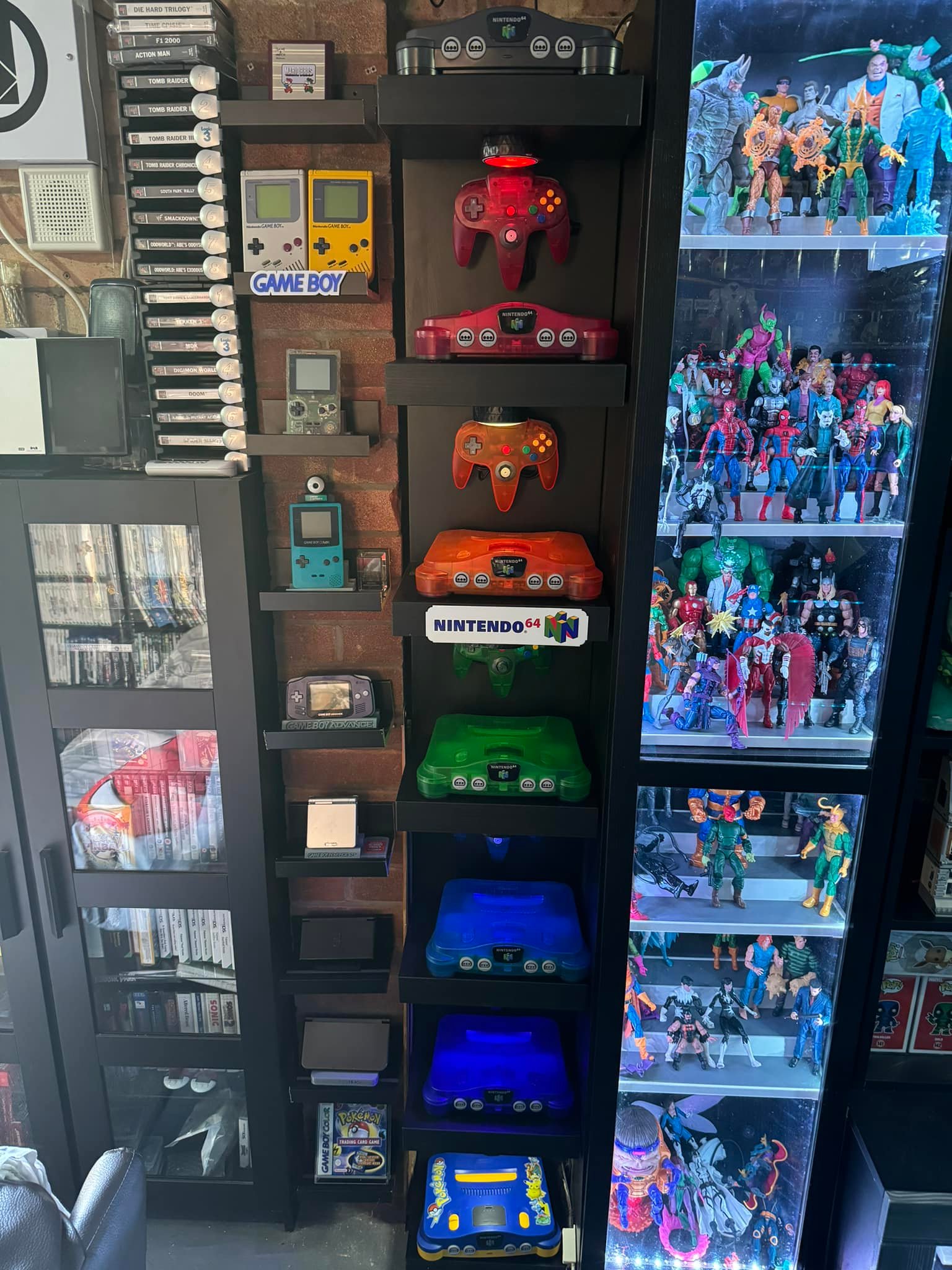 Retro gaming console collection including Commodore 64 and N64