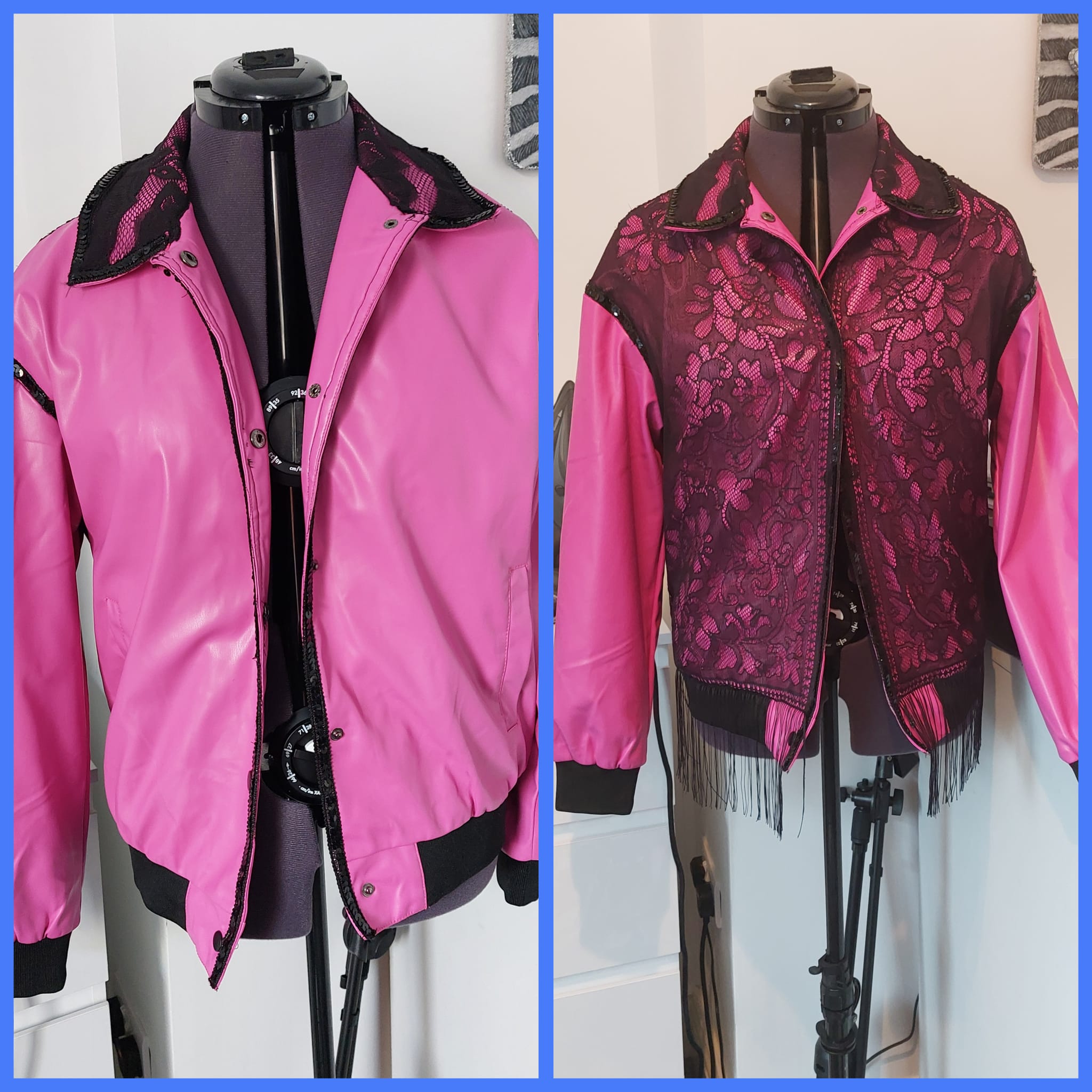 Upcycled hot pink bomber jacket with black lace