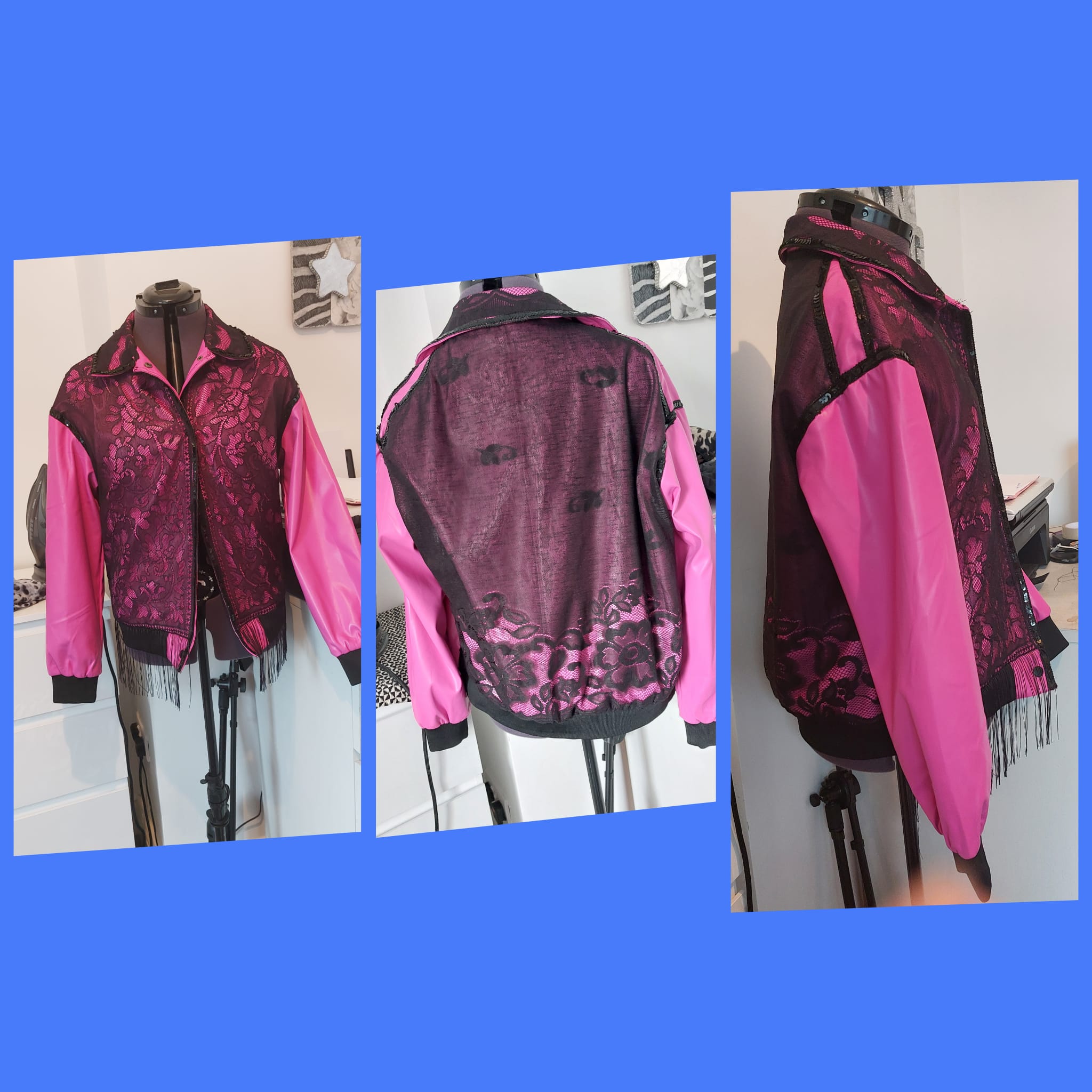 Upcycled hot pink bomber jacket with black lace