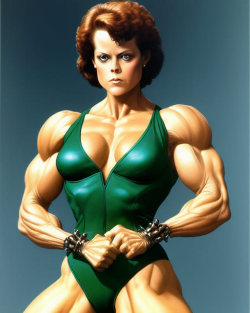 Sigourney Weaver as a biomechanical sci-fi emerald crystal toned