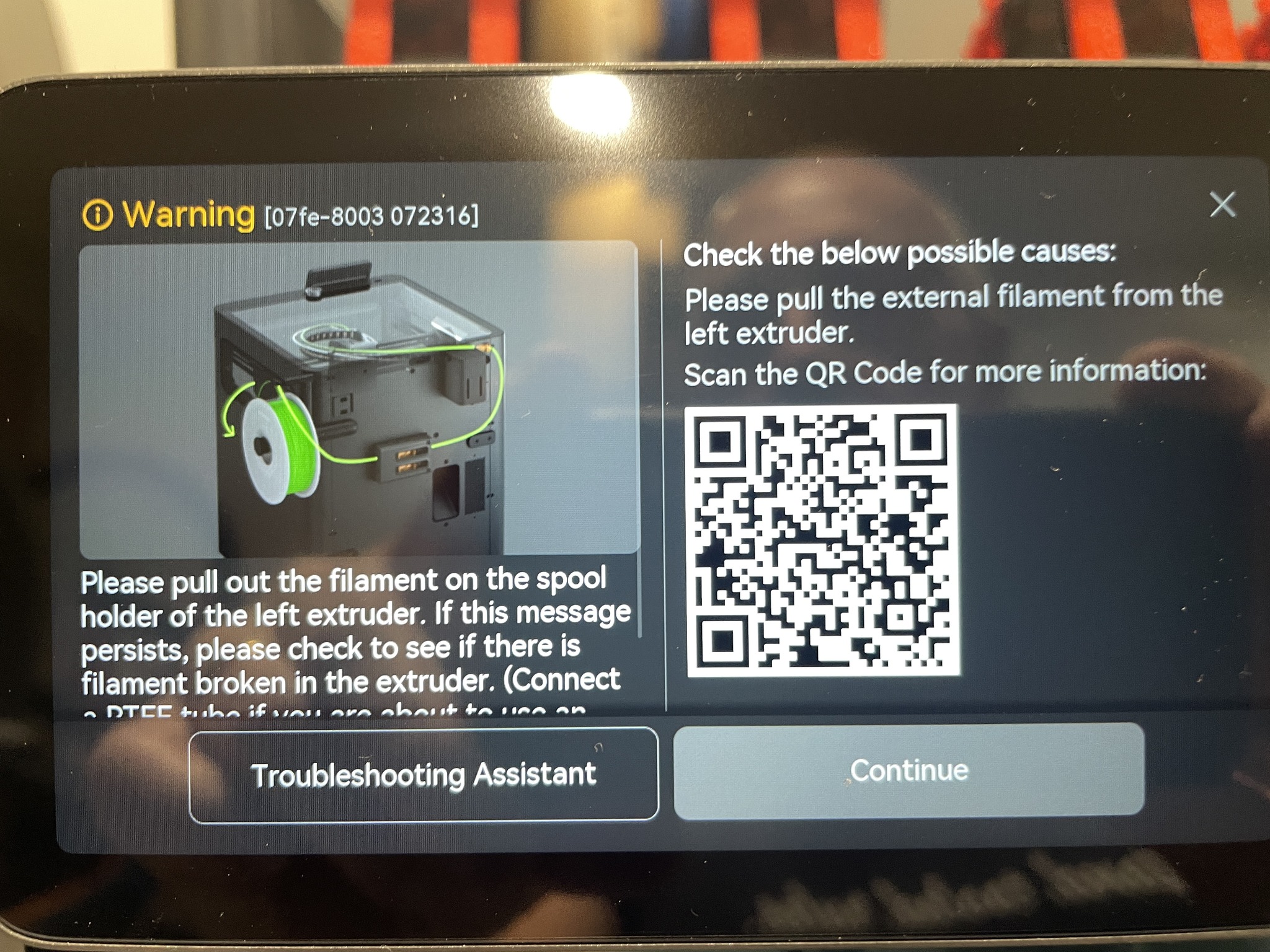 Bambu Lab X2D error message solved by removing filament blockage