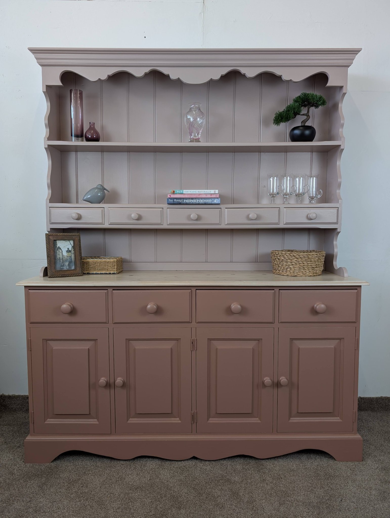 light grey welsh dresser Revamped painted in Annie Sloan country grey, lightly distressed and clear waxed. The top is painted in country with old ochre to the back panel and base top is short Ava