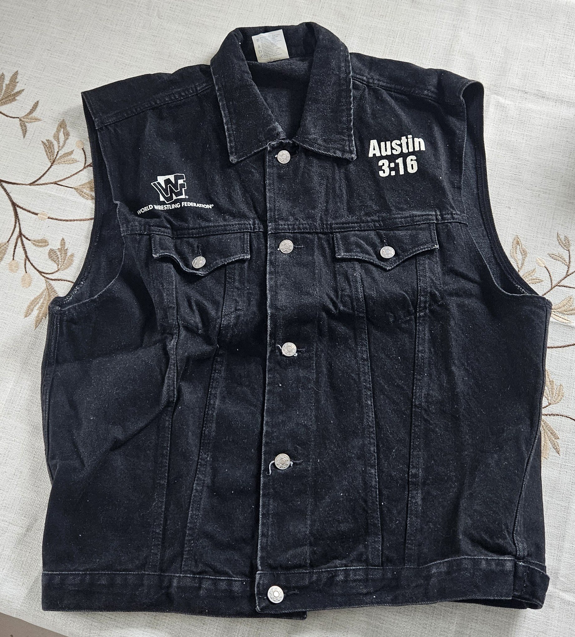 Vintage WWF Stone Cold Steve Austin Black Denim Vest for sale display picture 1