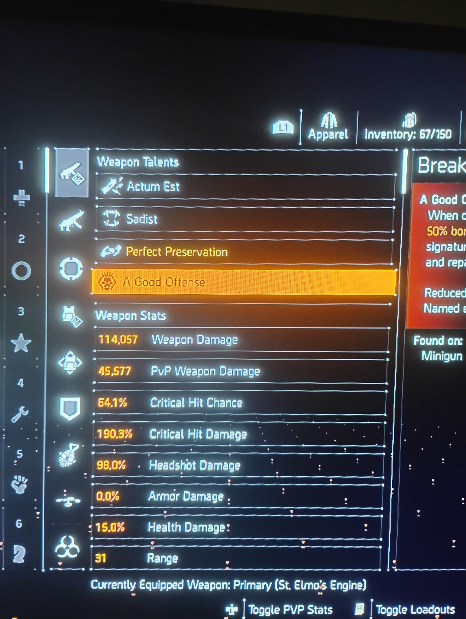 Division 2 player's current build and stats